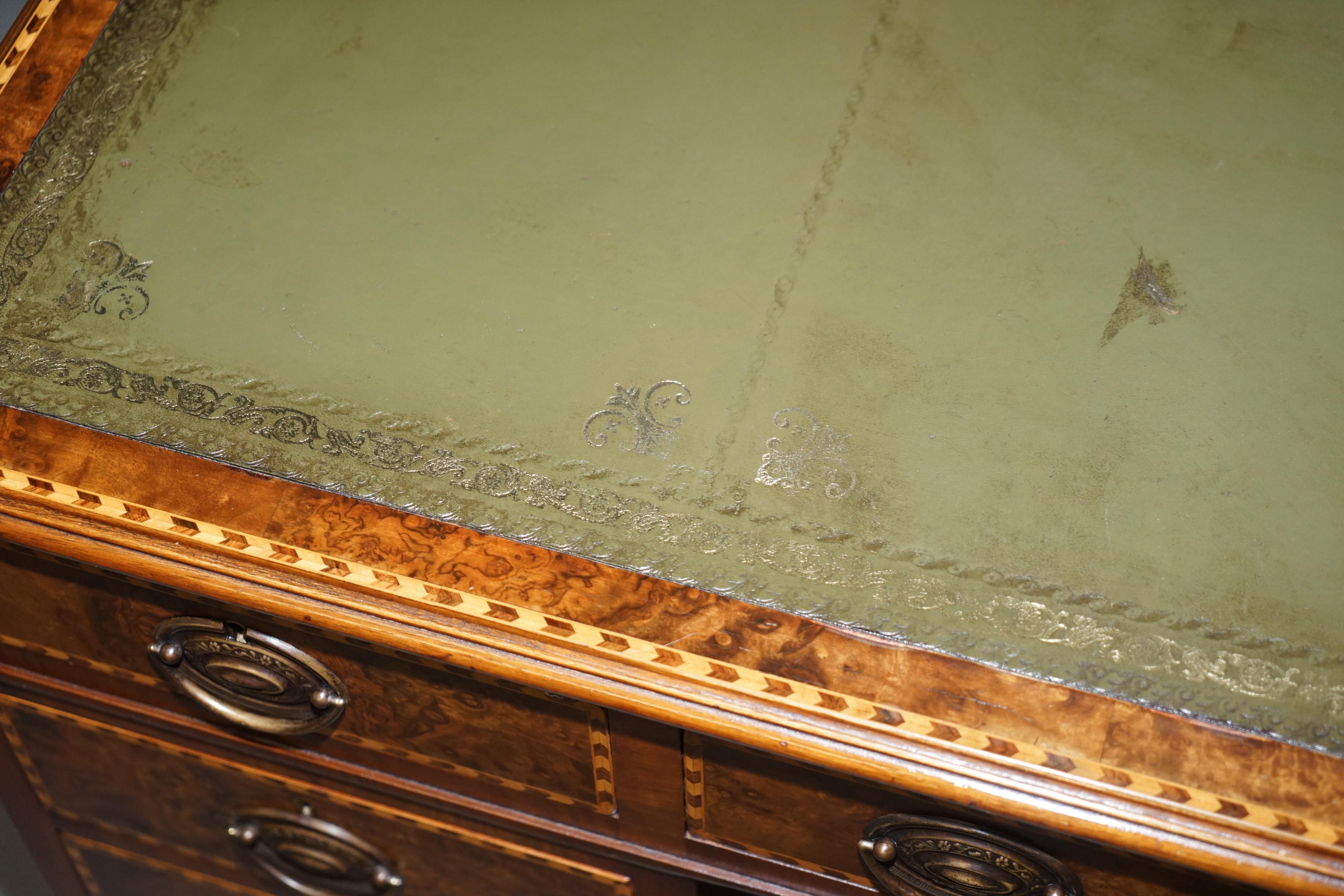 Rare Victorian Burr Oak & Walnut Merryweather London 1885 Stamped Desk, Leather For Sale 9