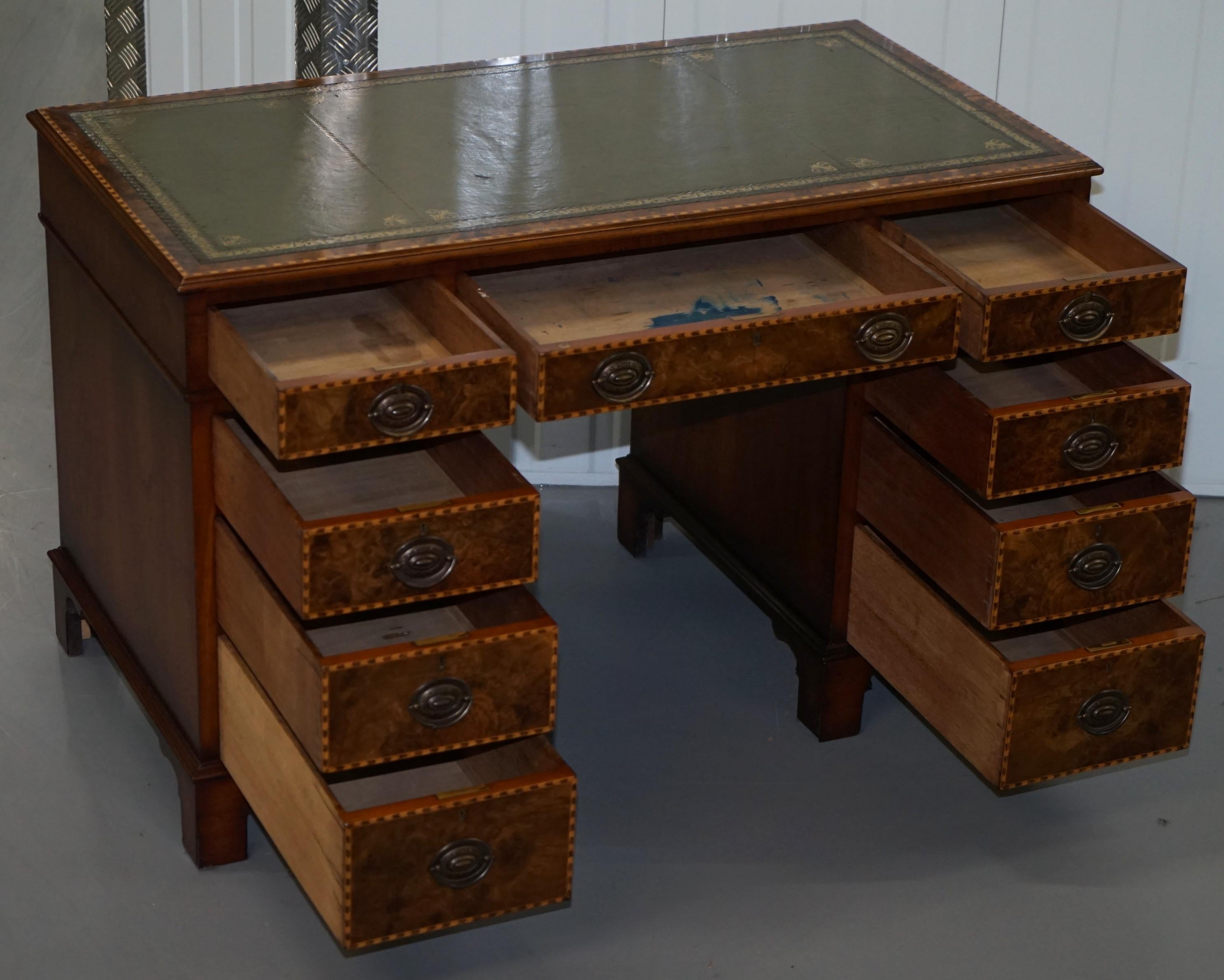 Rare Victorian Burr Oak & Walnut Merryweather London 1885 Stamped Desk, Leather For Sale 13