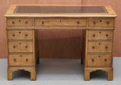Rare Victorian Burr Oak & Walnut Merryweather London 1885 Stamped Desk, Leather