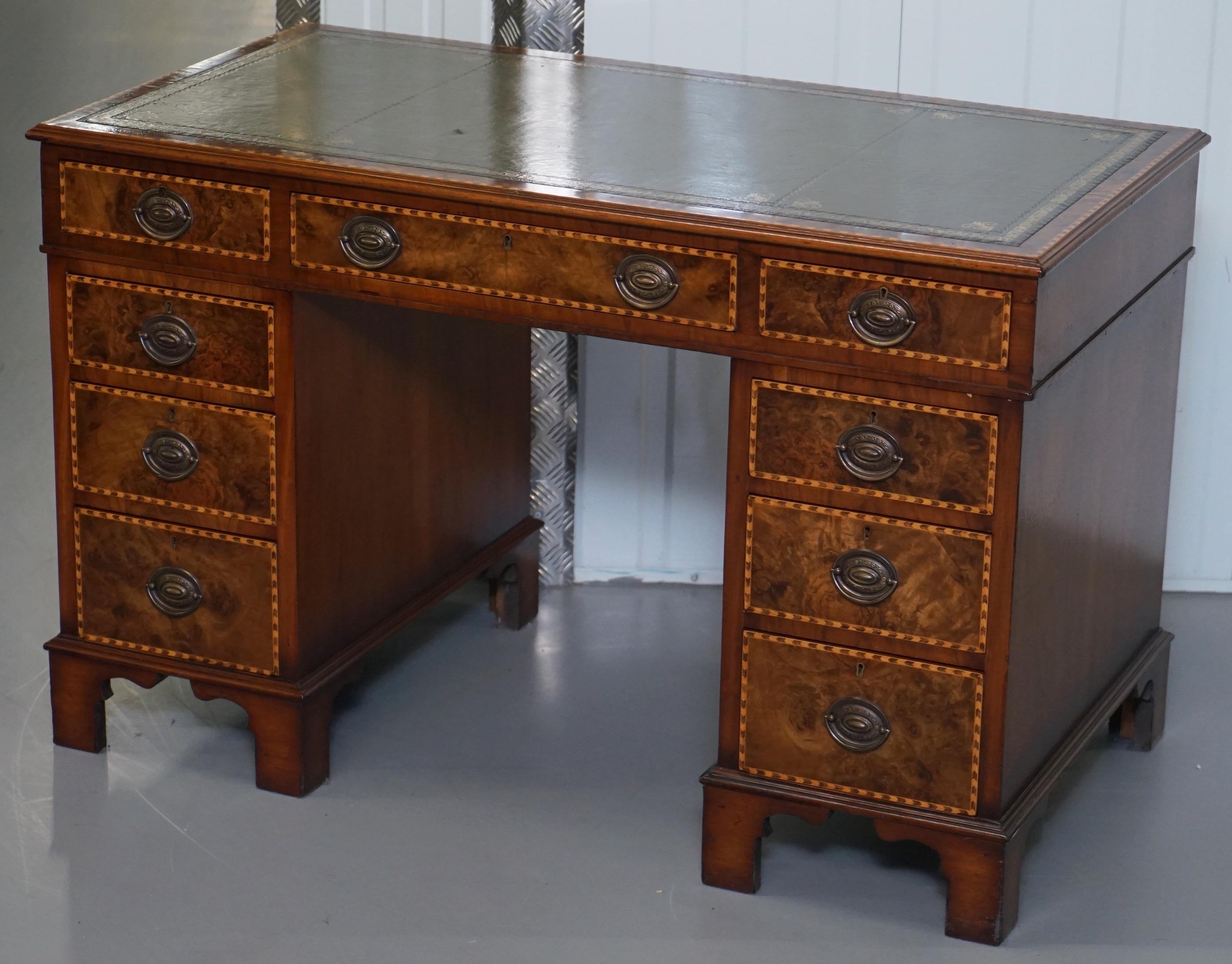 Hand-Crafted Rare Victorian Burr Oak & Walnut Merryweather London 1885 Stamped Desk, Leather For Sale