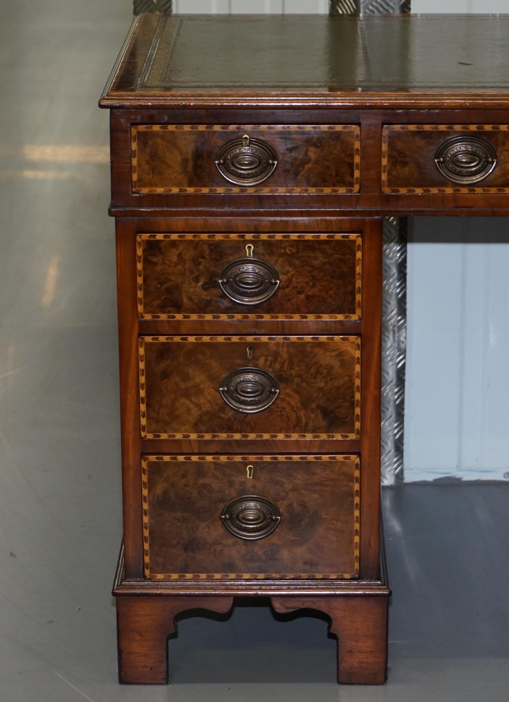 Late 19th Century Rare Victorian Burr Oak & Walnut Merryweather London 1885 Stamped Desk, Leather