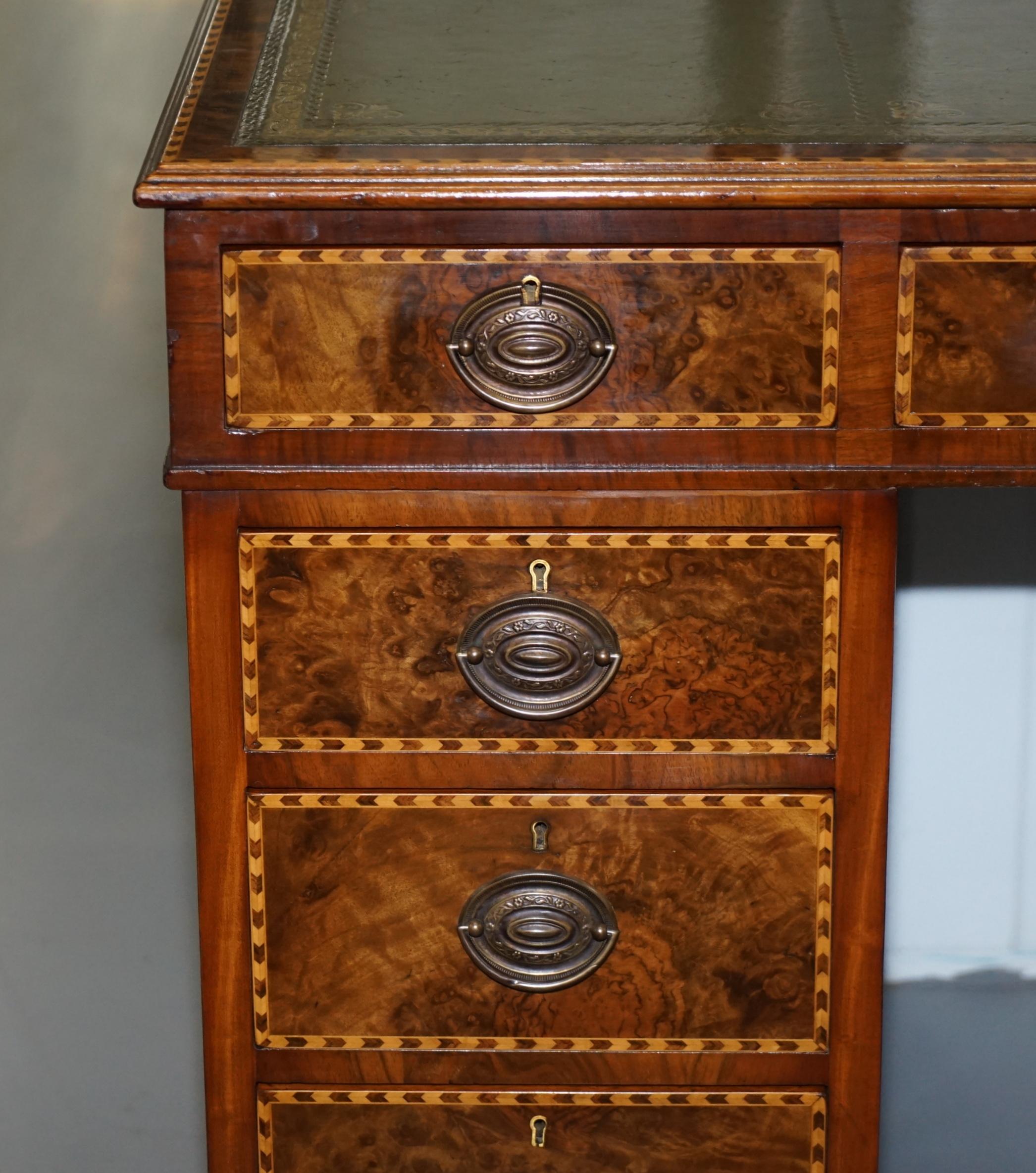 Rare Victorian Burr Oak & Walnut Merryweather London 1885 Stamped Desk, Leather 1