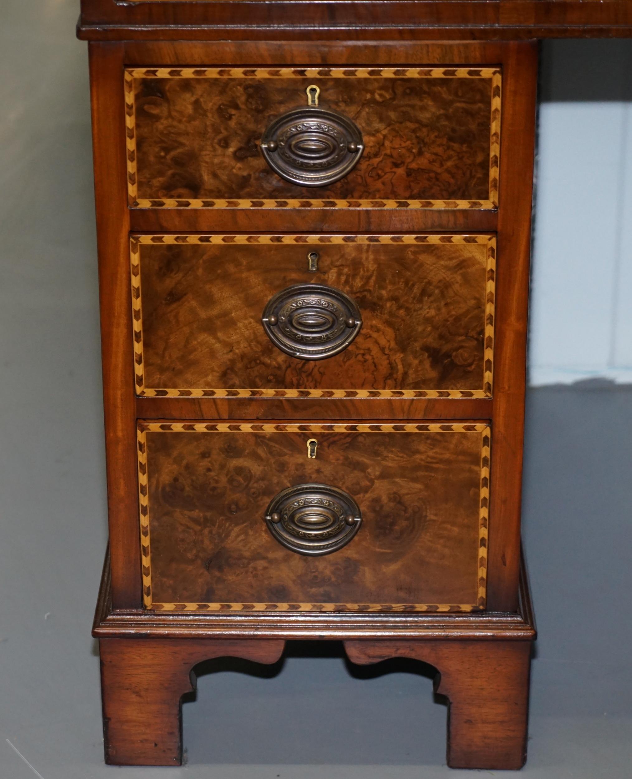 Rare Victorian Burr Oak & Walnut Merryweather London 1885 Stamped Desk, Leather 2