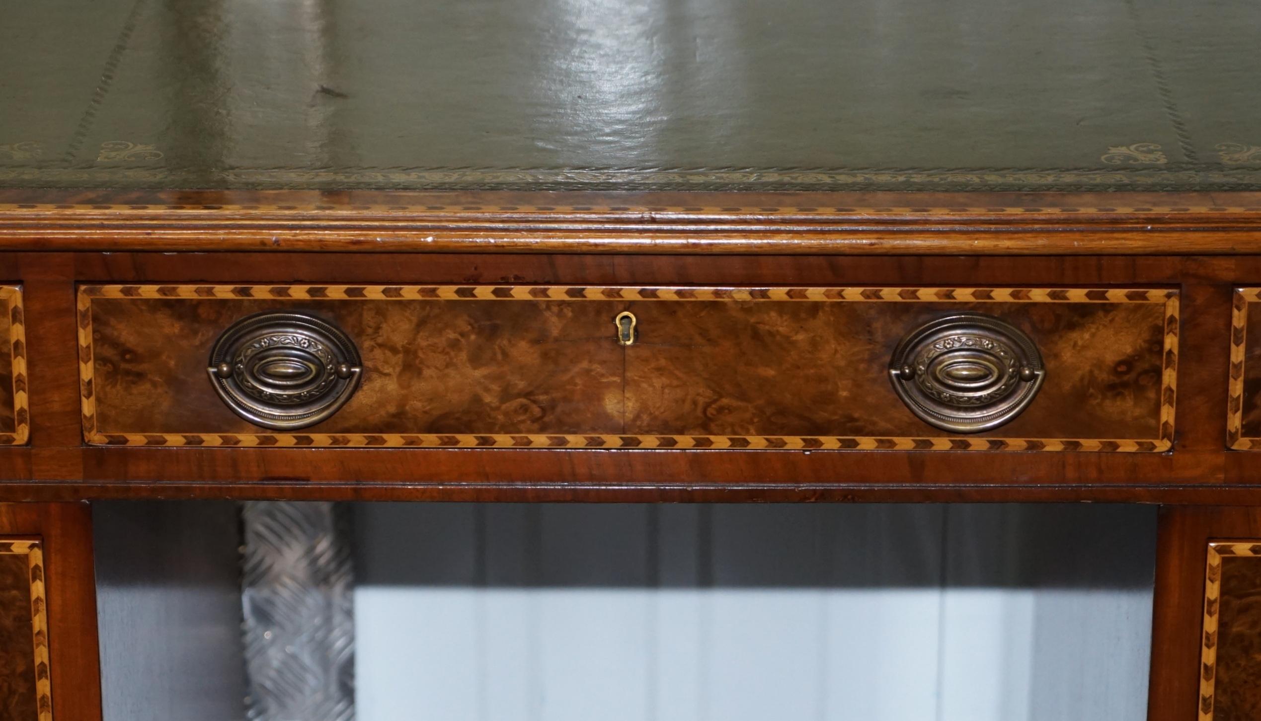 Rare Victorian Burr Oak & Walnut Merryweather London 1885 Stamped Desk, Leather 3