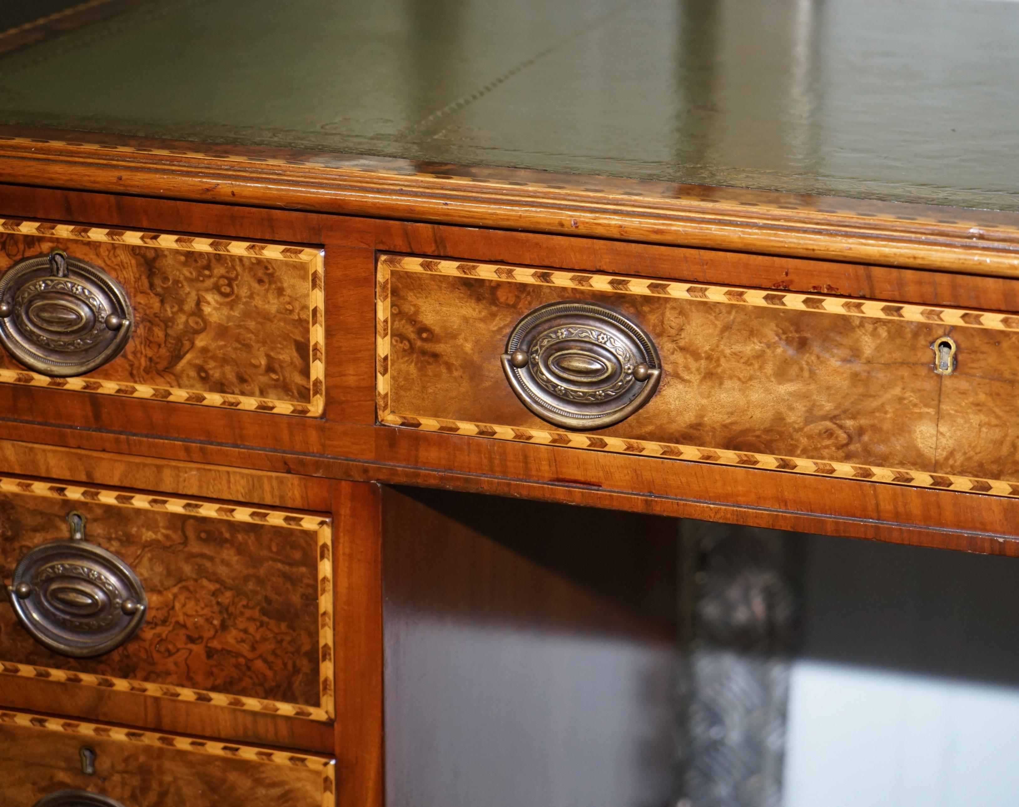 Rare Victorian Burr Oak & Walnut Merryweather London 1885 Stamped Desk, Leather 4
