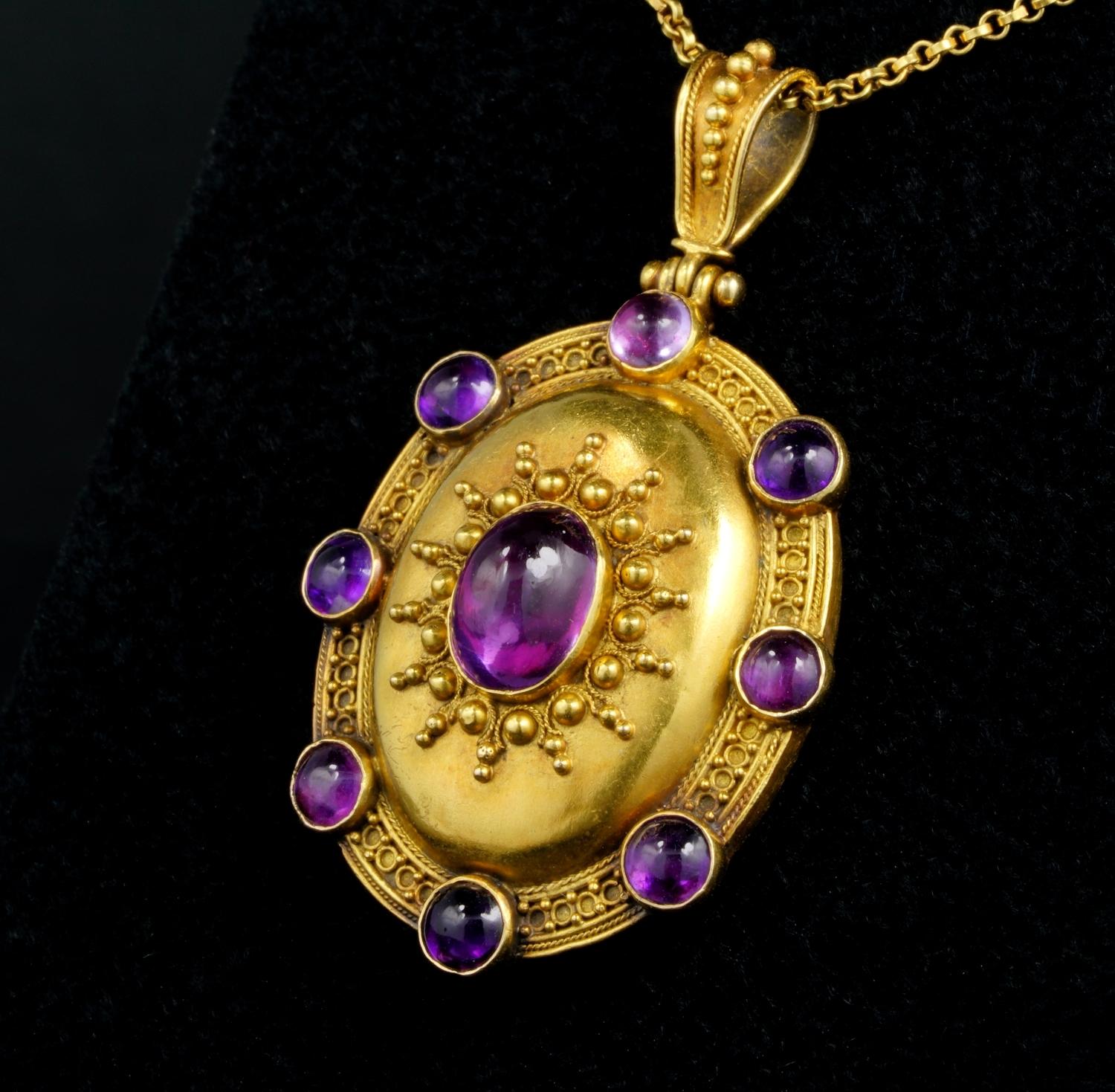 Women's or Men's Rare Victorian Carlo Giuliano Etruscan Revival Amethyst Locket For Sale