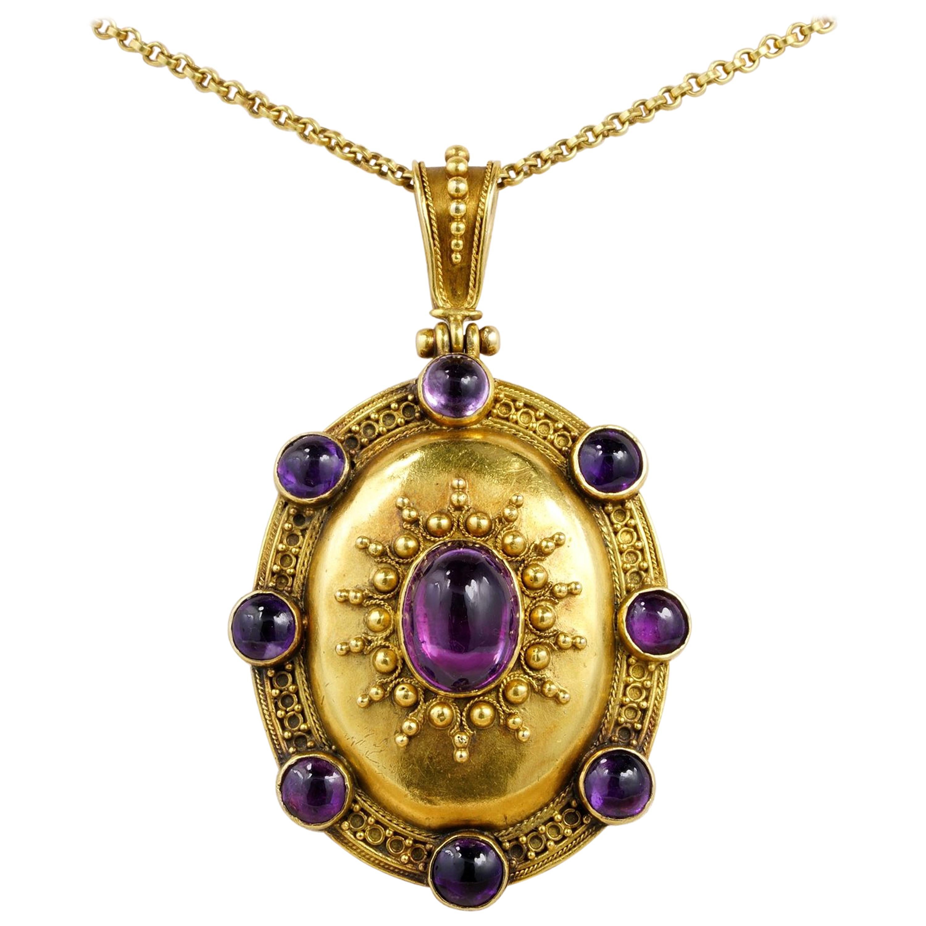 Rare Victorian Carlo Giuliano Etruscan Revival Amethyst Locket For Sale