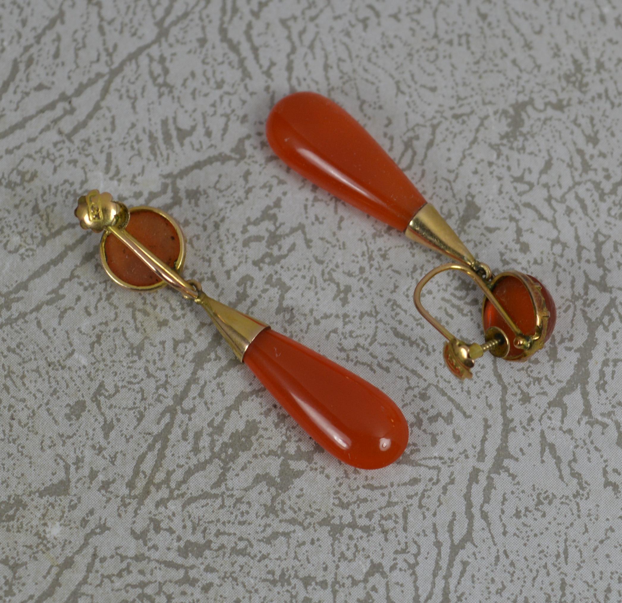 Seltene viktorianische Torpedo-Ohrringe aus Karneol und 9 Karat Gold mit Schraubverschluss (Tropfenschliff)