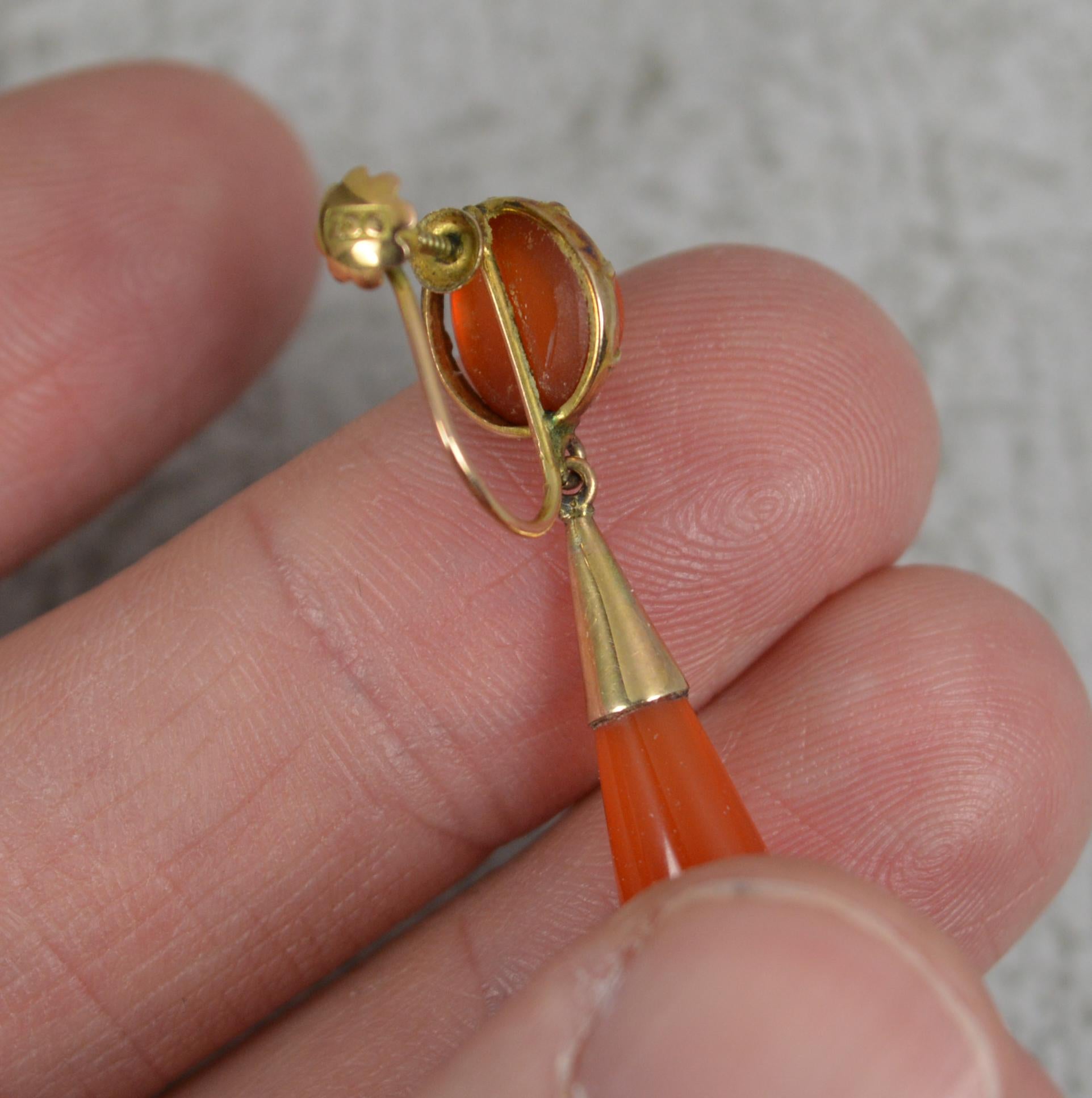 Pear Cut Rare Victorian Carnelian and 9ct Gold Screw Back Torpedo Drop Earrings