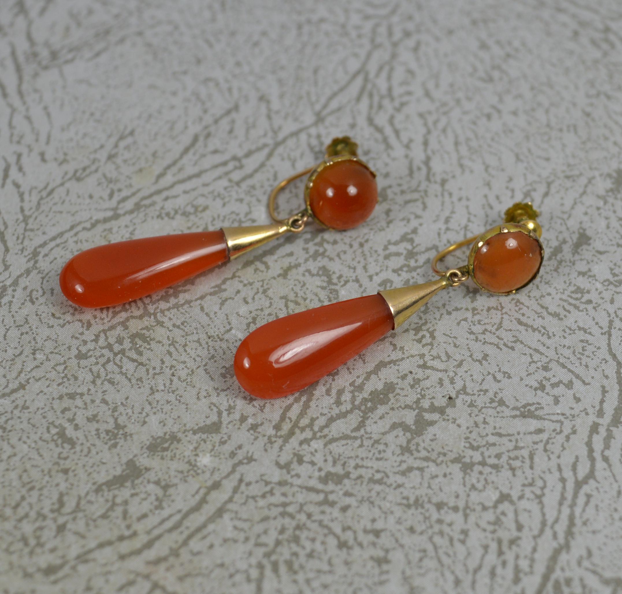 Women's Rare Victorian Carnelian and 9ct Gold Screw Back Torpedo Drop Earrings