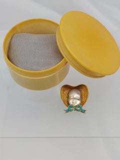 Rare Victorian Carved “Baby” Face Moonstone & Turquoise 18 KT Pin