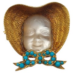 Antique Rare Victorian Carved “Baby” Face Moonstone & Turquoise 18 KT Pin