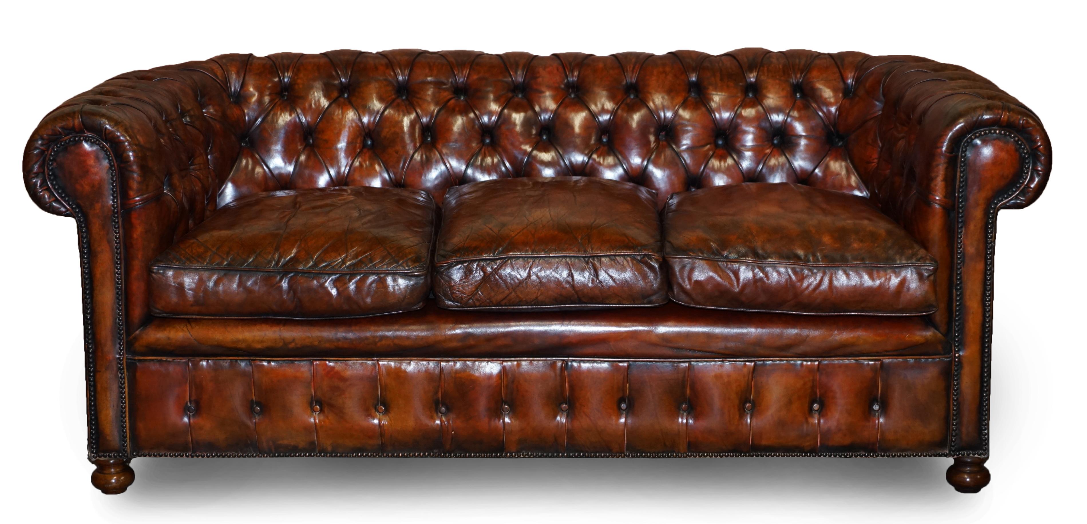 Late Victorian Rare Victorian Chesterfield Brown Leather Six Piece Sofa Armchairs Stool Suite
