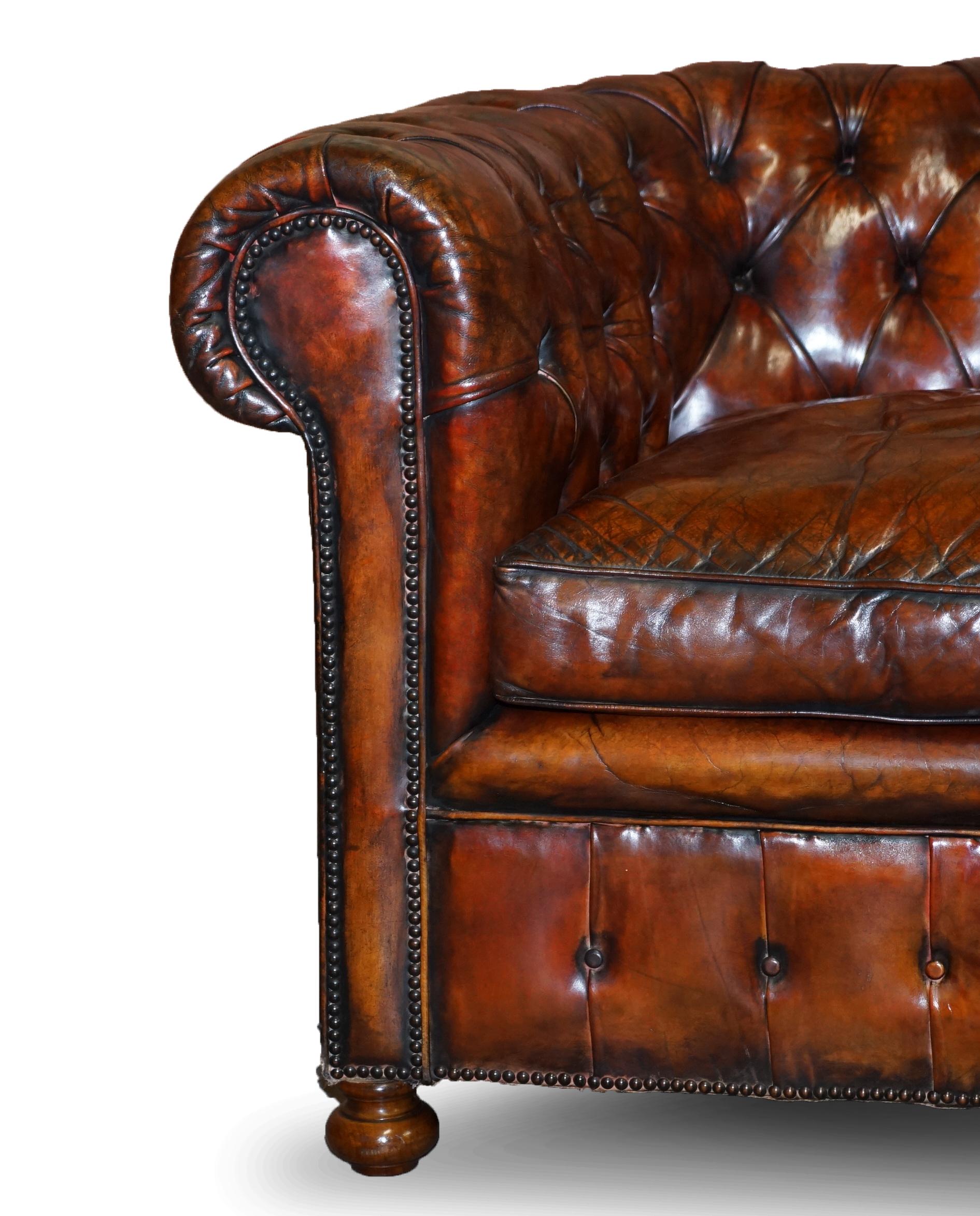 English Rare Victorian Chesterfield Brown Leather Six Piece Sofa Armchairs Stool Suite