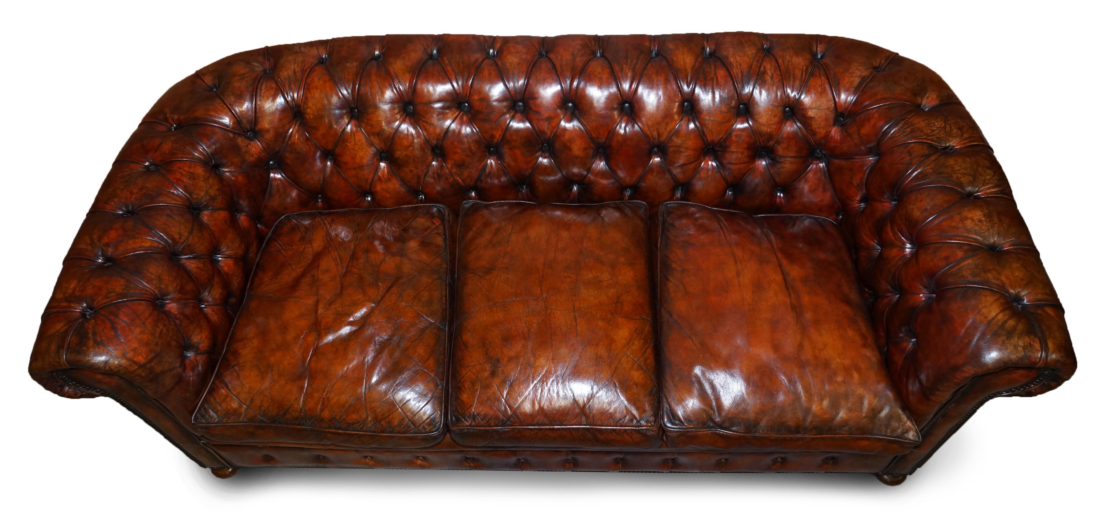 Hand-Crafted Rare Victorian Chesterfield Brown Leather Six Piece Sofa Armchairs Stool Suite