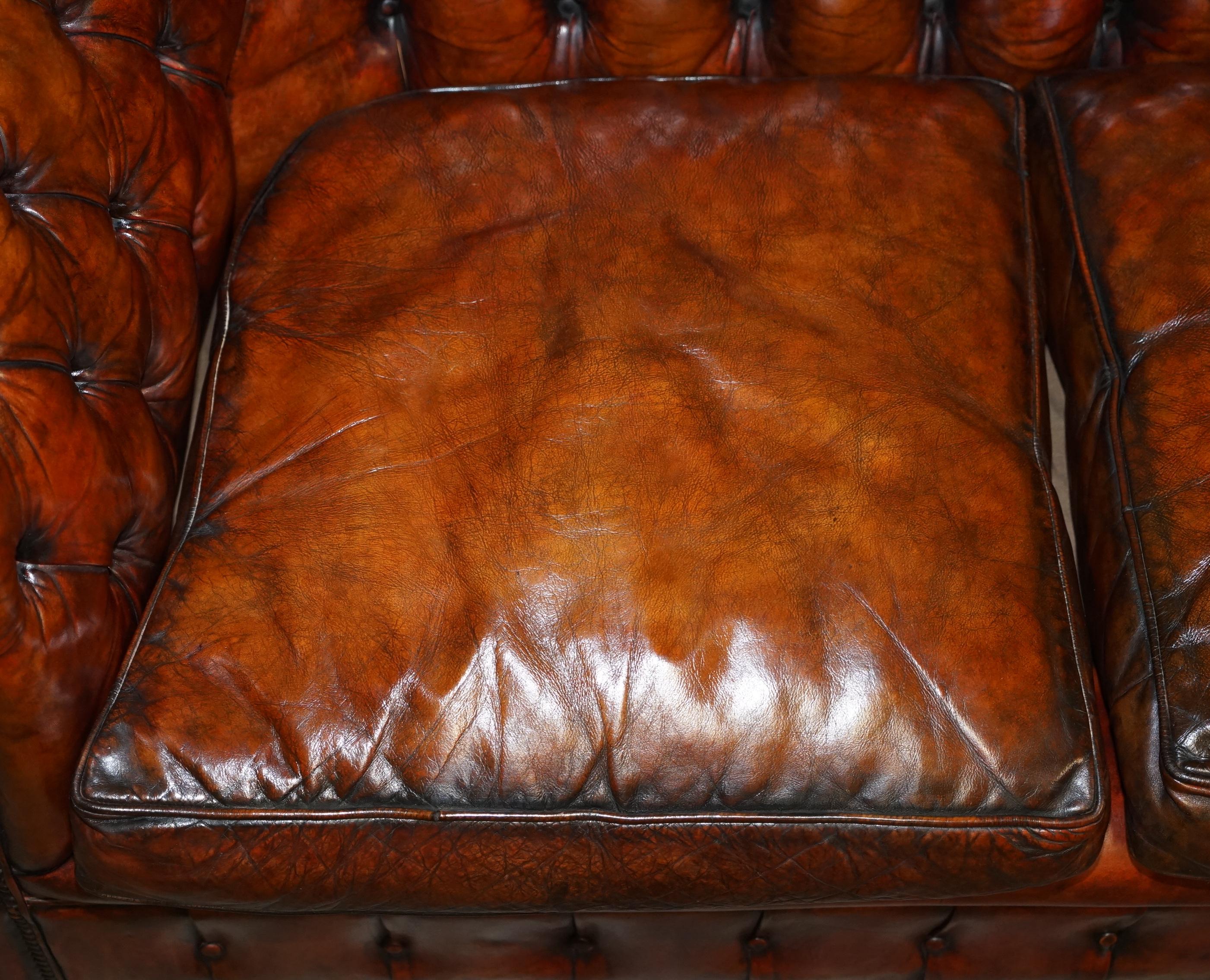 Rare Victorian Chesterfield Brown Leather Six Piece Sofa Armchairs Stool Suite 3
