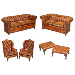 Antique Rare Victorian Chesterfield Brown Leather Six Piece Sofa Armchairs Stool Suite