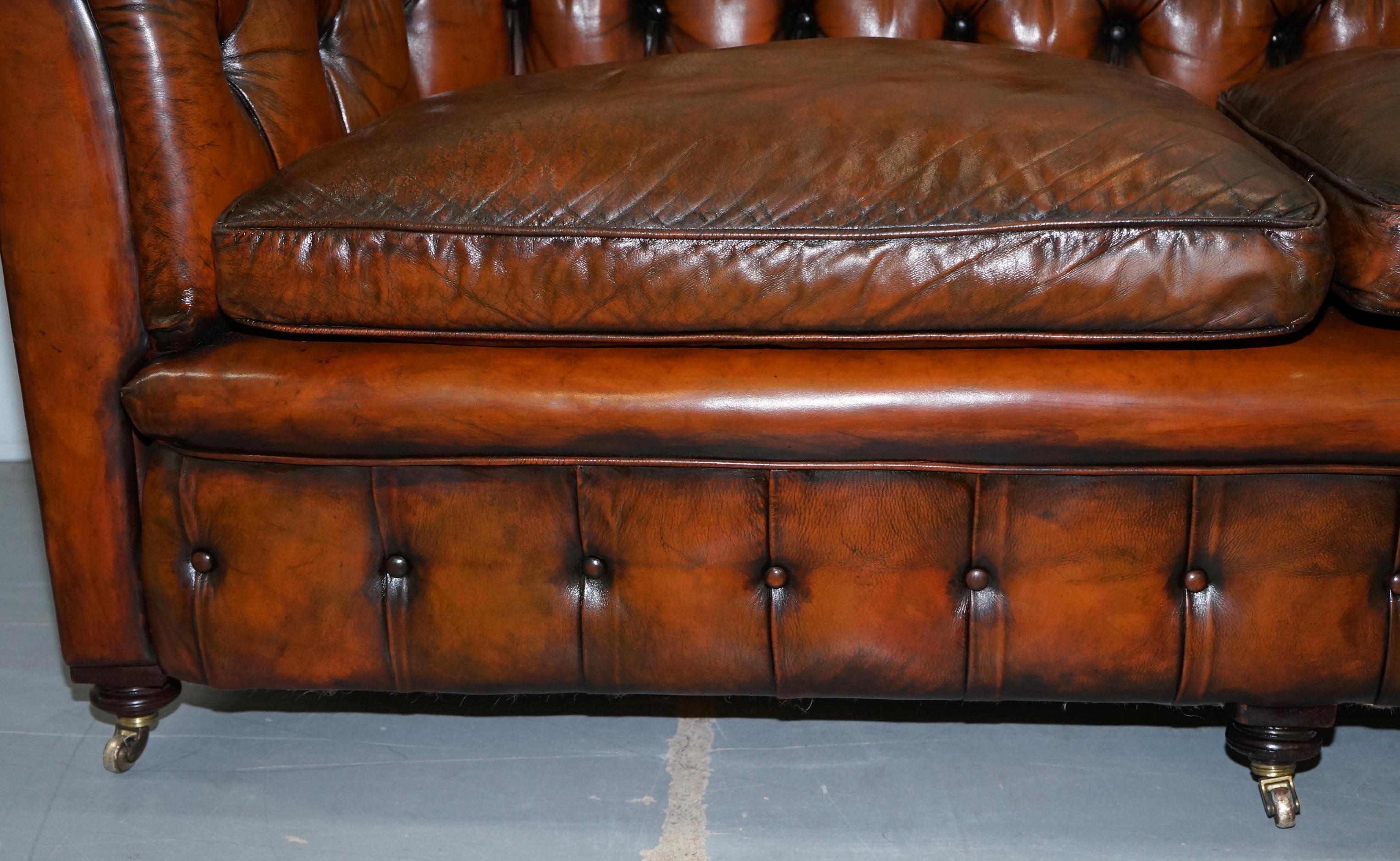 Rare Victorian Chesterfield Hand Dyed Brown Leather Sofa Horse Hair Coil Sprung 4