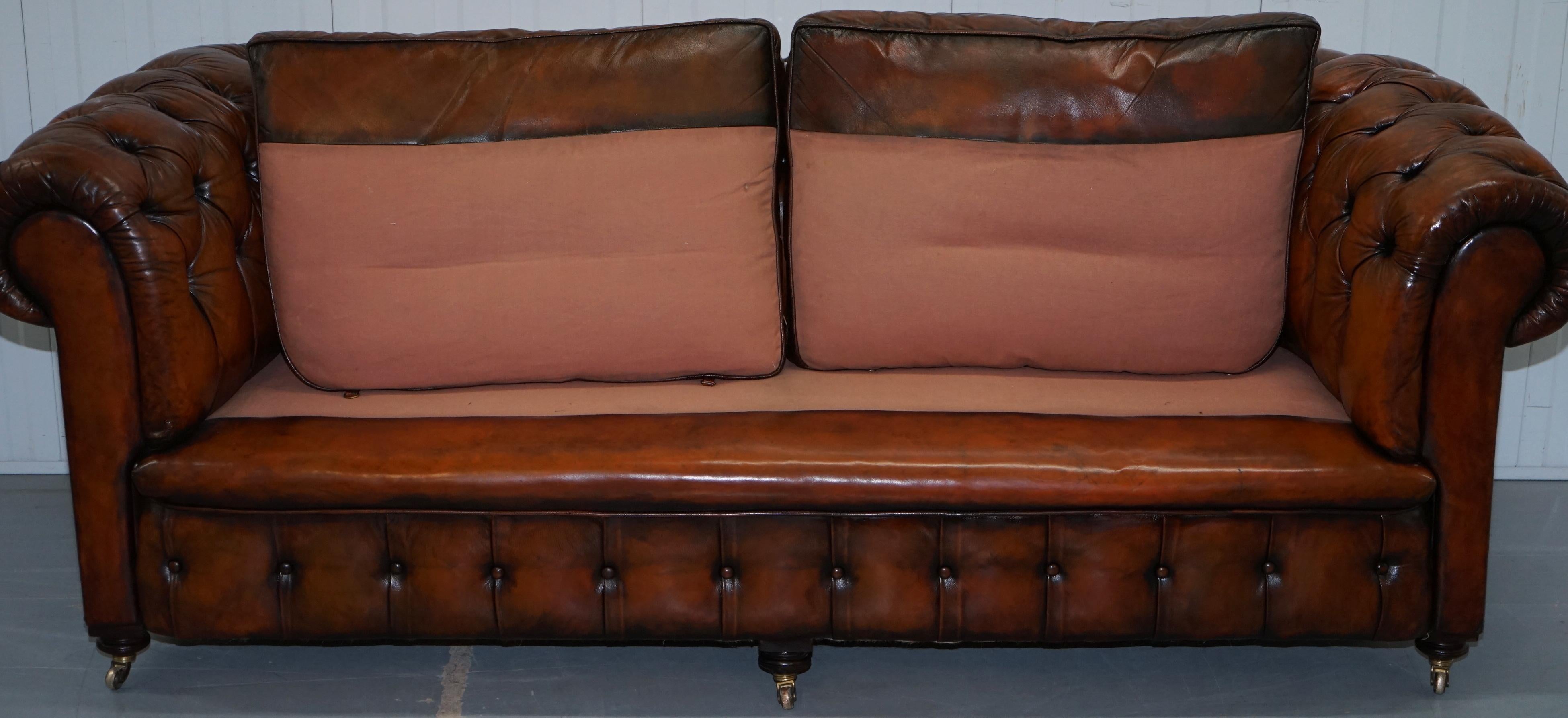 Rare Victorian Chesterfield Hand Dyed Brown Leather Sofa Horse Hair Coil Sprung 6