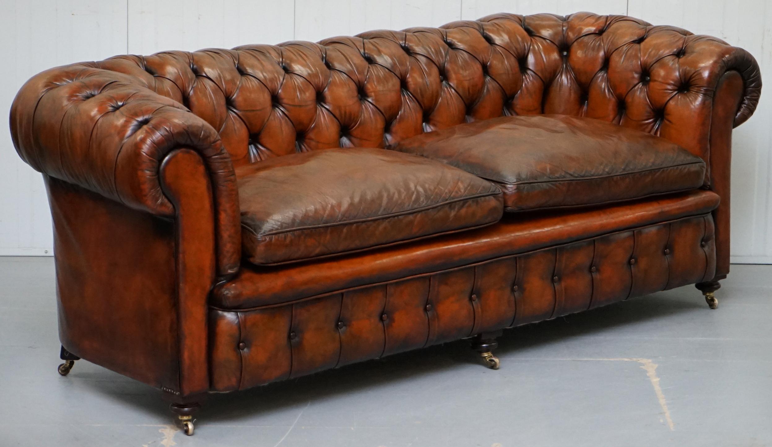 We are delighted to offer for sale this very rare fully restored circa 1880 hand dyed Whiskey brown leather Chesterfield sofa with original horse hair padding, coil sprung all over and feather filled cushions 

This sofa is a very rare model, its