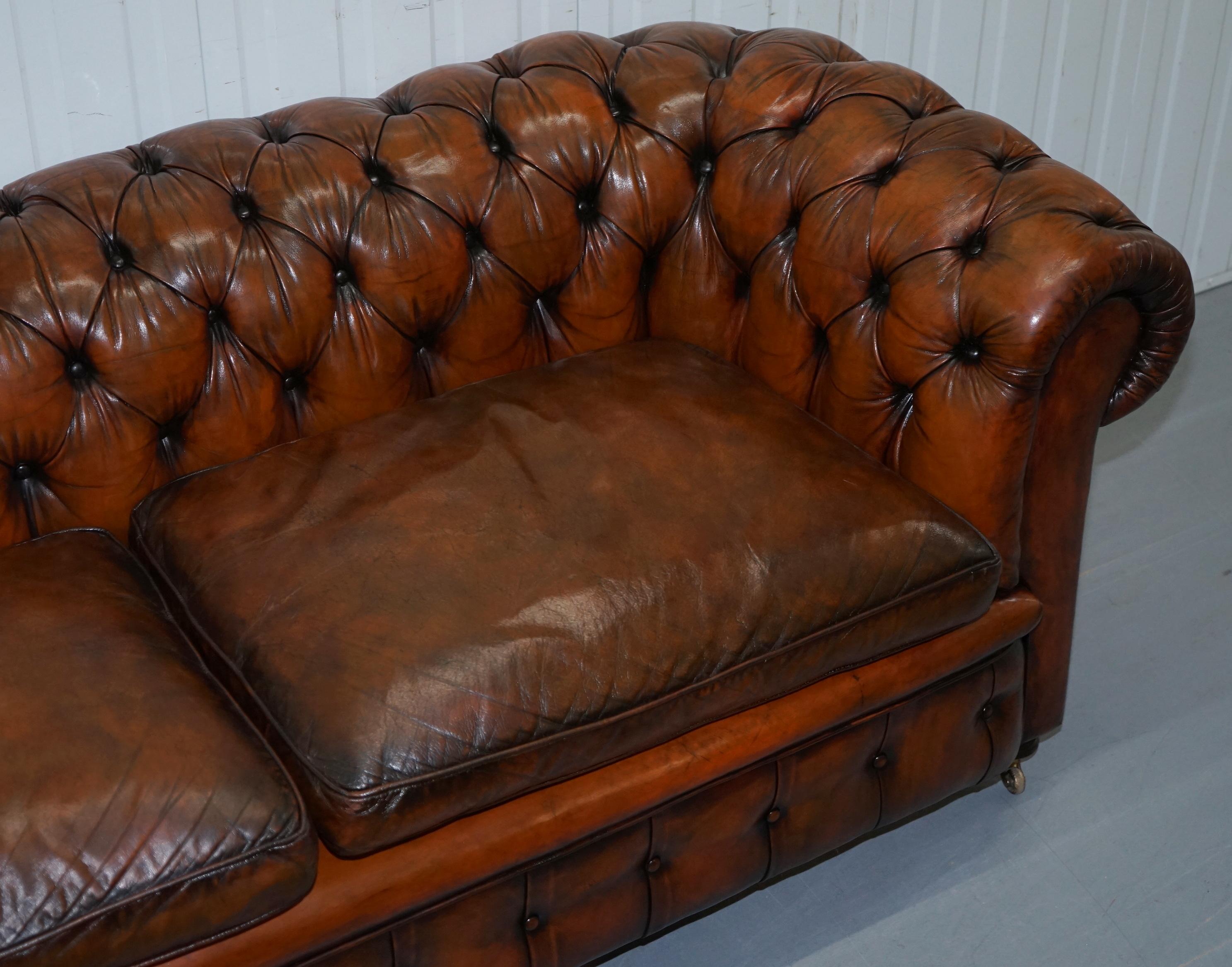 English Rare Victorian Chesterfield Hand Dyed Brown Leather Sofa Horse Hair Coil Sprung
