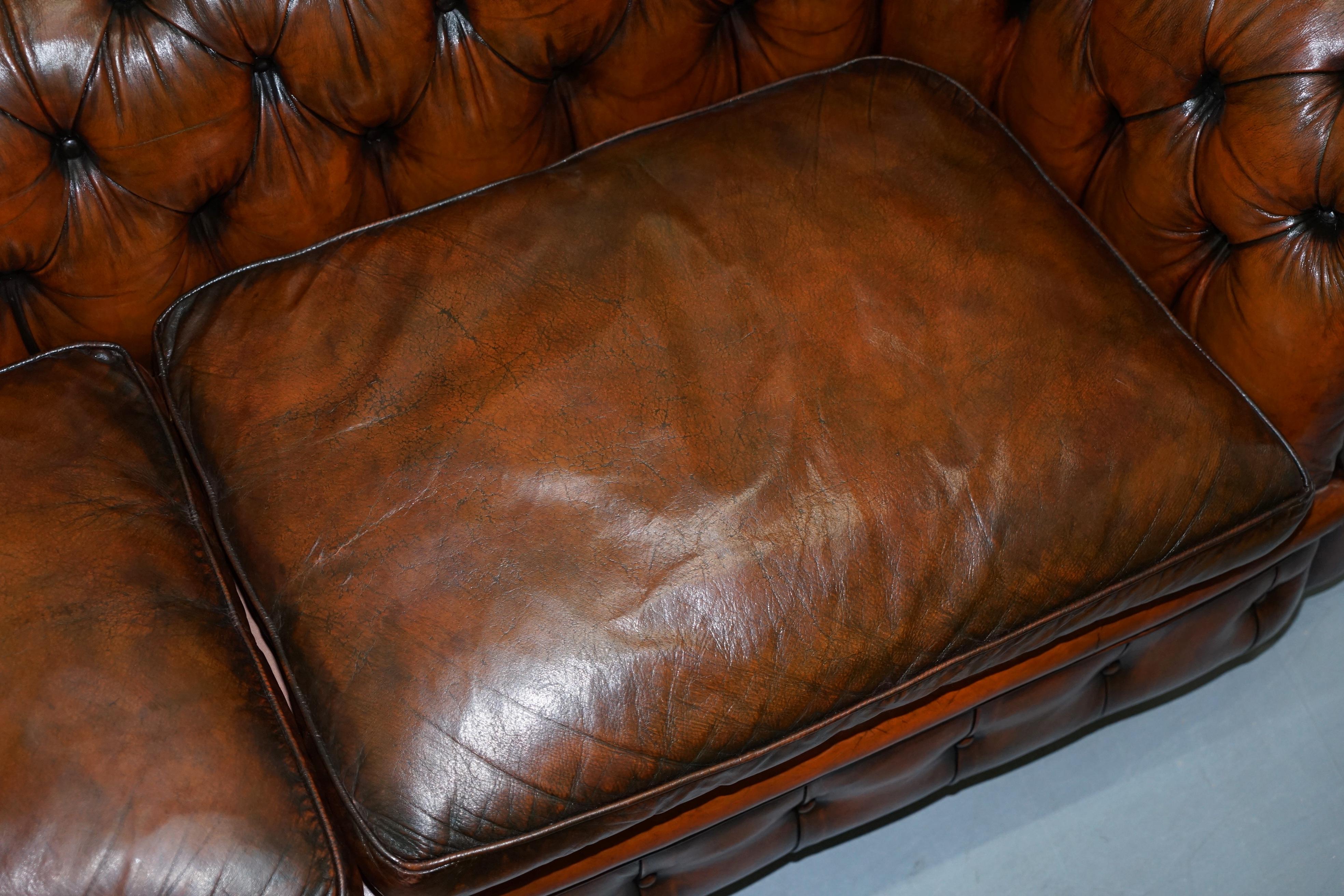 Late 19th Century Rare Victorian Chesterfield Hand Dyed Brown Leather Sofa Horse Hair Coil Sprung