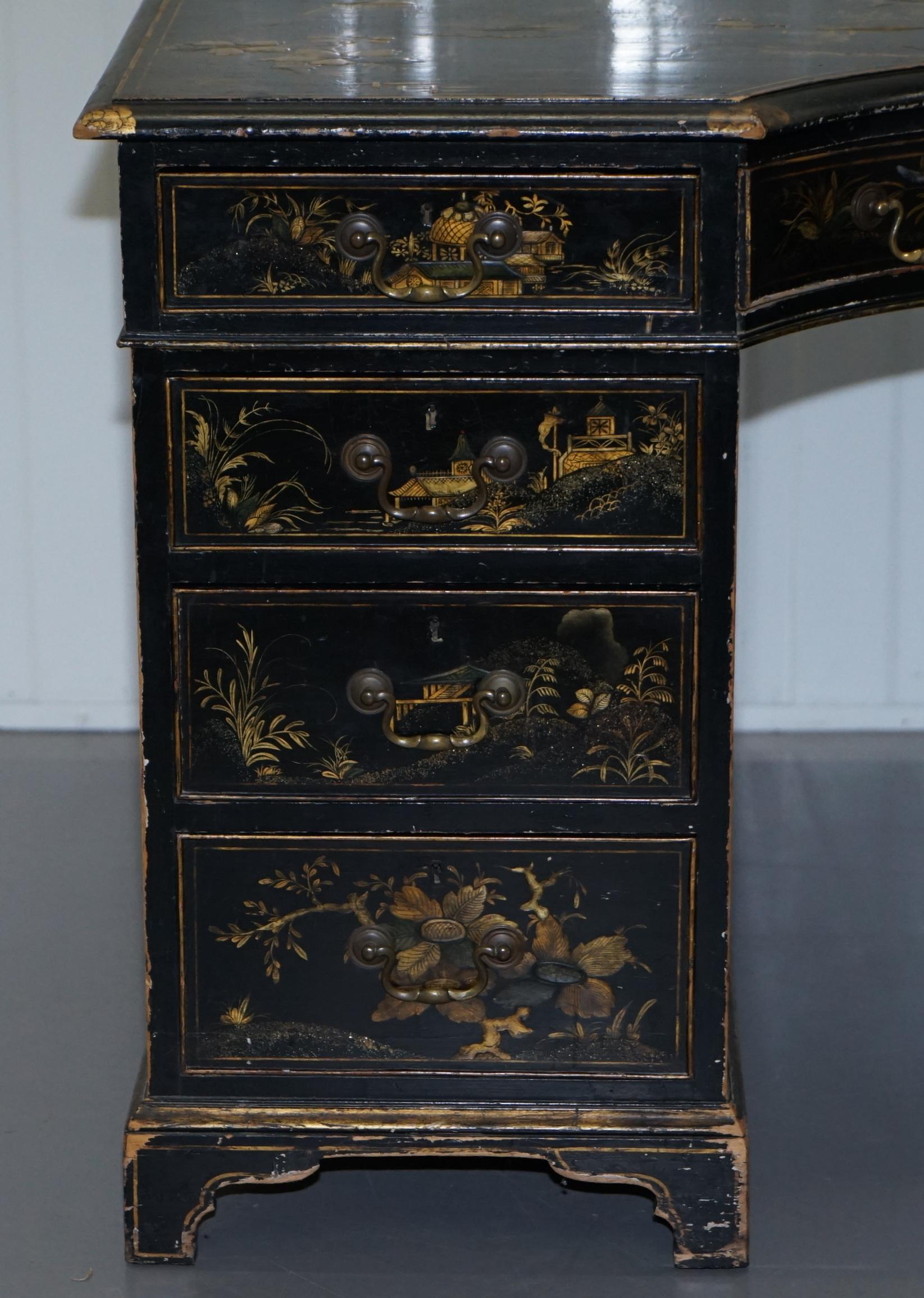 Rare Victorian Chinoiserie Japanned Black Laqured Twin Pedestal Partner Desk 2