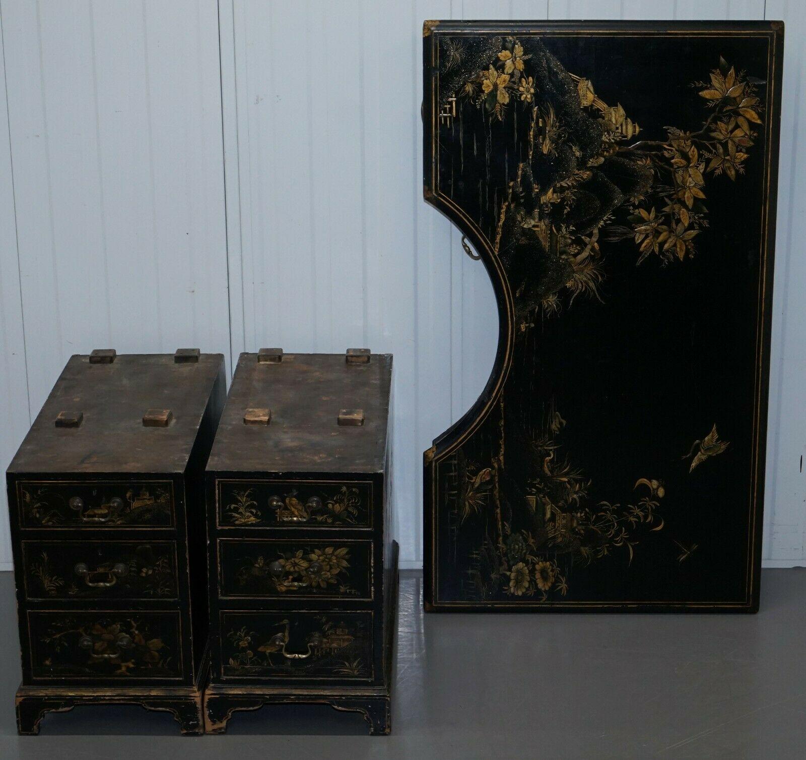 Rare Victorian Chinoiserie Japanned Black Laqured Twin Pedestal Partner Desk 5