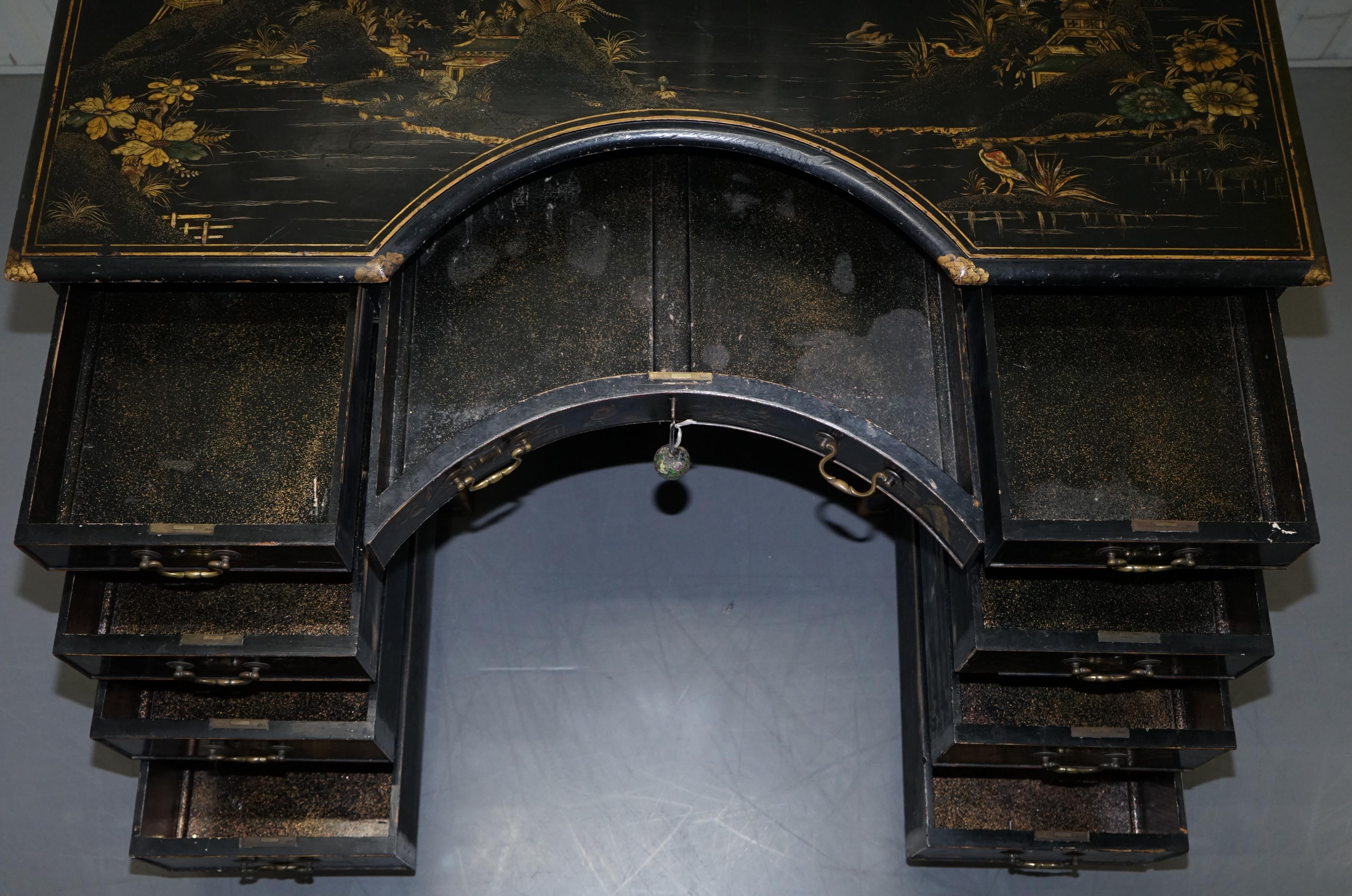 Rare Victorian Chinoiserie Japanned Black Laqured Twin Pedestal Partner Desk 5