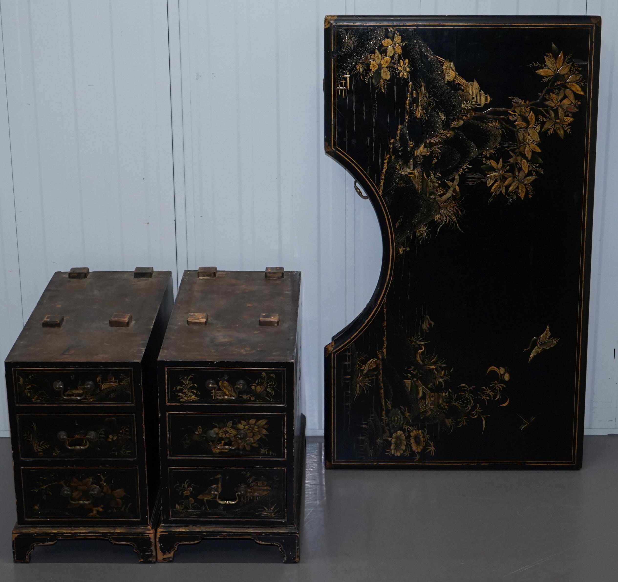 Rare Victorian Chinoiserie Japanned Black Laqured Twin Pedestal Partner Desk 9