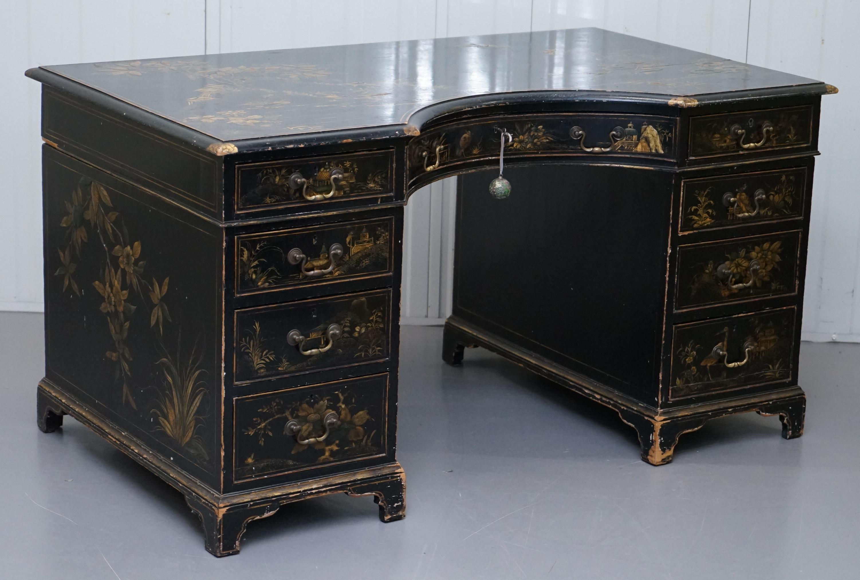 We are delighted to this stunning and very rare 19th century chinoiserie Japaned lacquered twin pedestal partner desk, circa 1860

A very rare and desirable desk, this is a nice mid Victorian example, the Georgian pieces are naturally more