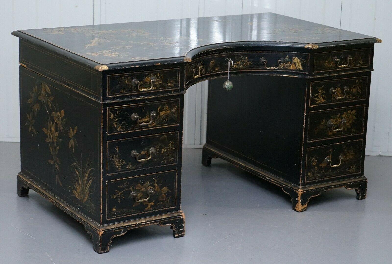 We are delighted to offer for sale this stunning and very rare 19th century Chinoiserie Japaned lacquered twin pedestal partner desk circa 1860.

A very rare and desirable desk, this is a nice mid-Victorian example, the Georgian pieces are