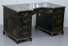Rare Victorian Chinoiserie Japanned Black Laqured Twin Pedestal Partner Desk
