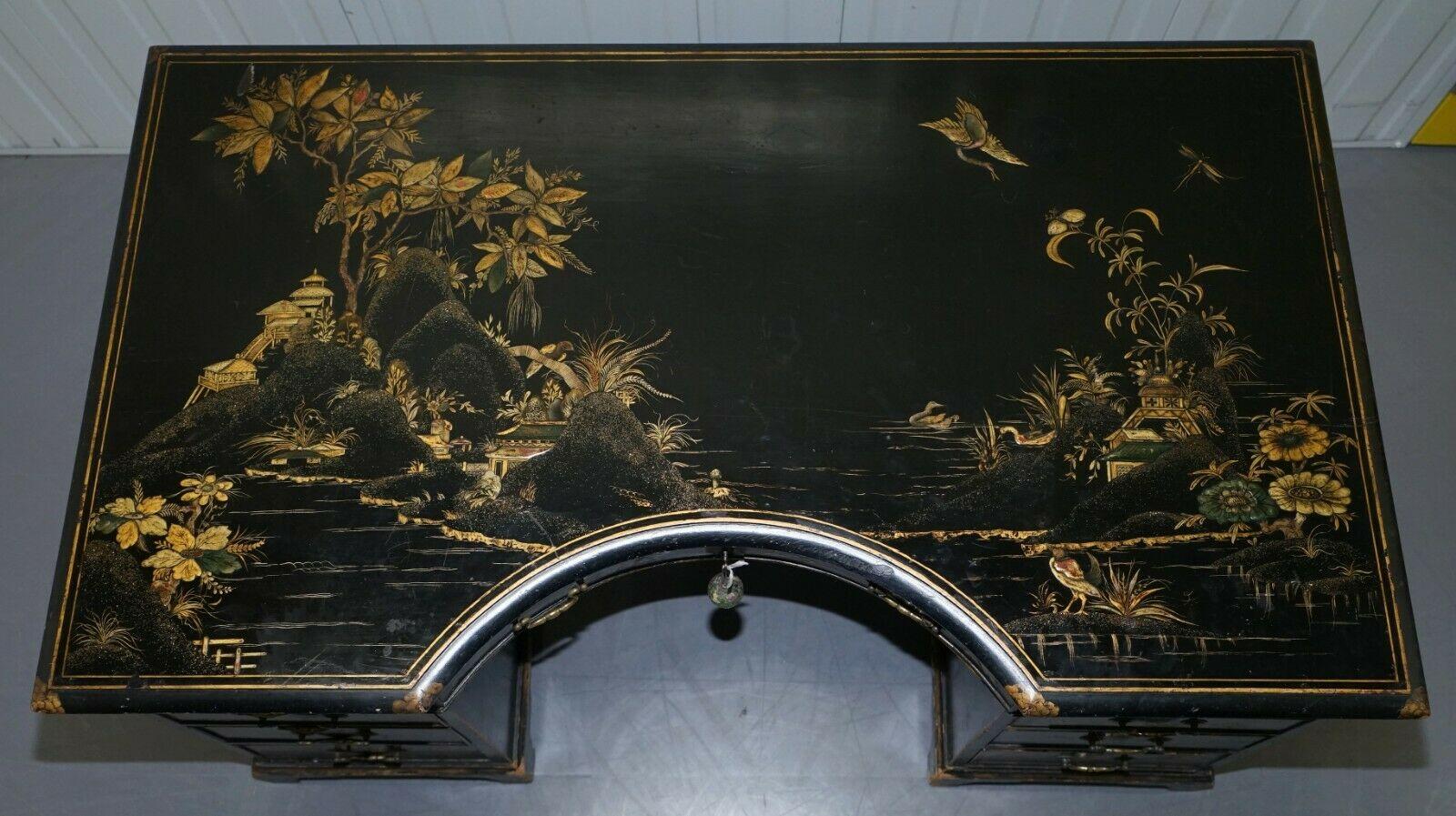 Chinese Rare Victorian Chinoiserie Japanned Black Laqured Twin Pedestal Partner Desk