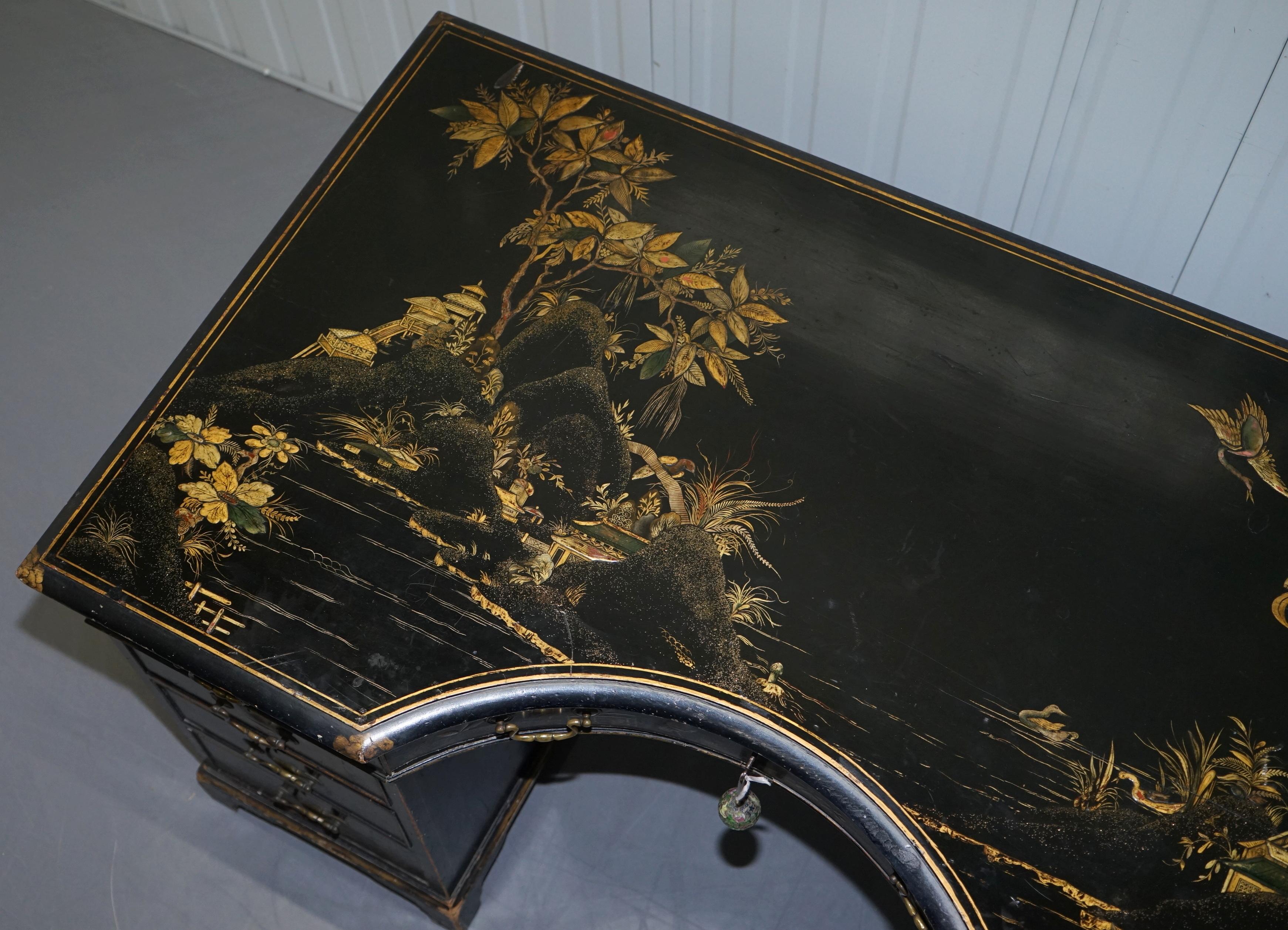 High Victorian Rare Victorian Chinoiserie Japanned Black Laqured Twin Pedestal Partner Desk