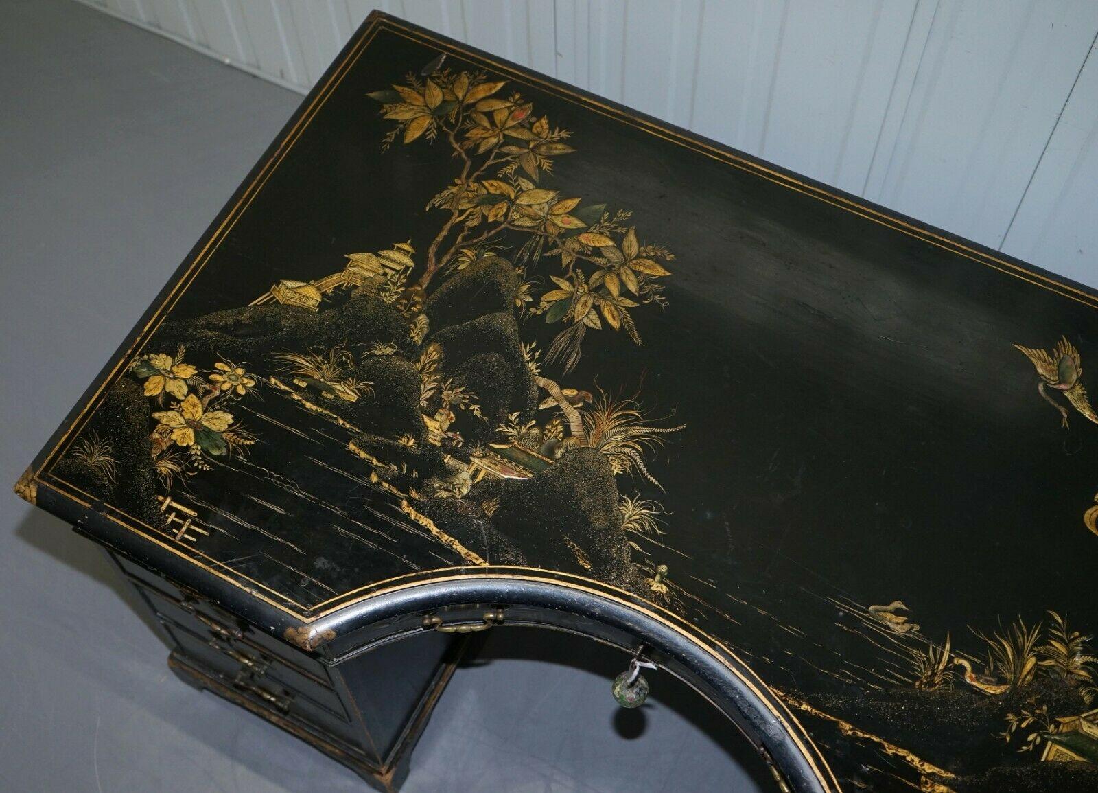 Lacquered Rare Victorian Chinoiserie Japanned Black Laqured Twin Pedestal Partner Desk