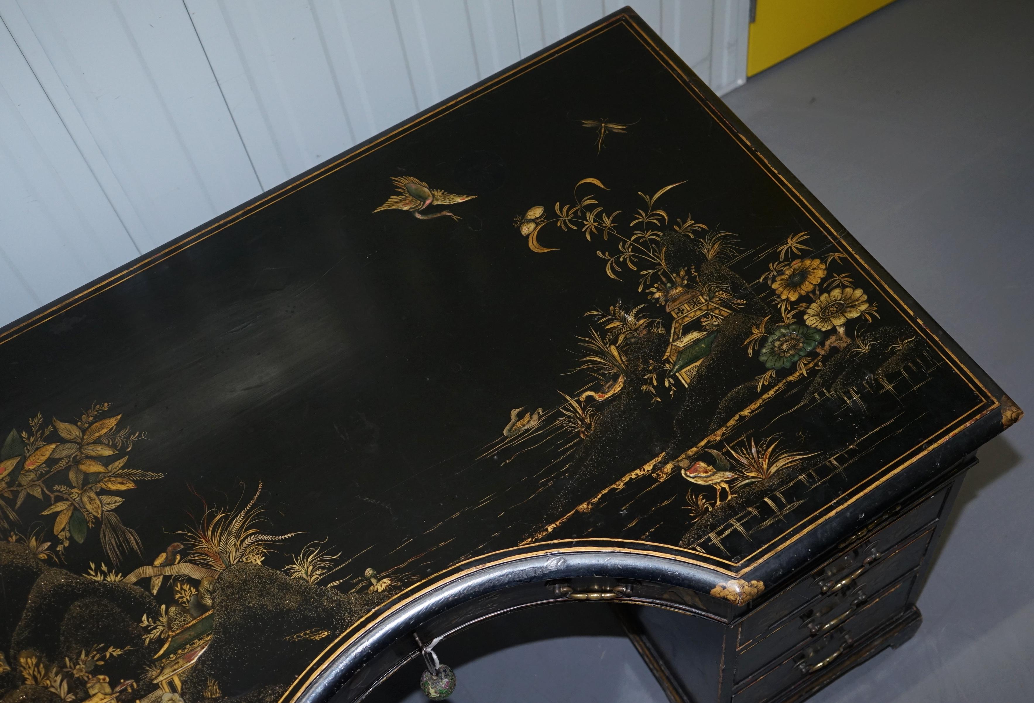 English Rare Victorian Chinoiserie Japanned Black Laqured Twin Pedestal Partner Desk