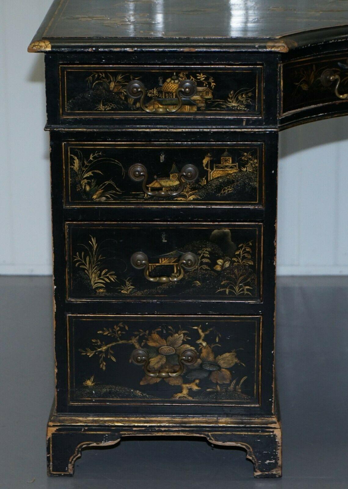 Wood Rare Victorian Chinoiserie Japanned Black Laqured Twin Pedestal Partner Desk