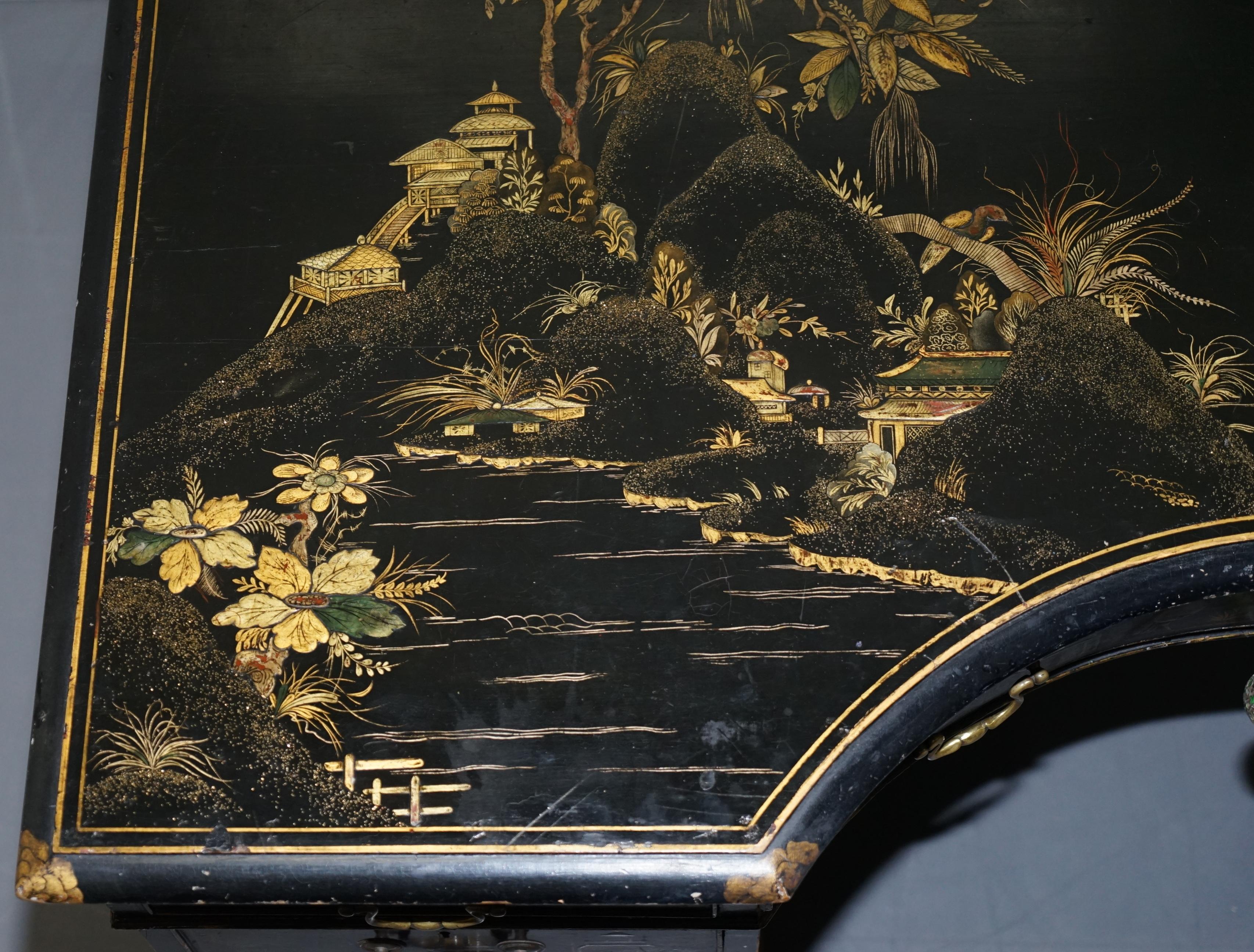 Mid-19th Century Rare Victorian Chinoiserie Japanned Black Laqured Twin Pedestal Partner Desk