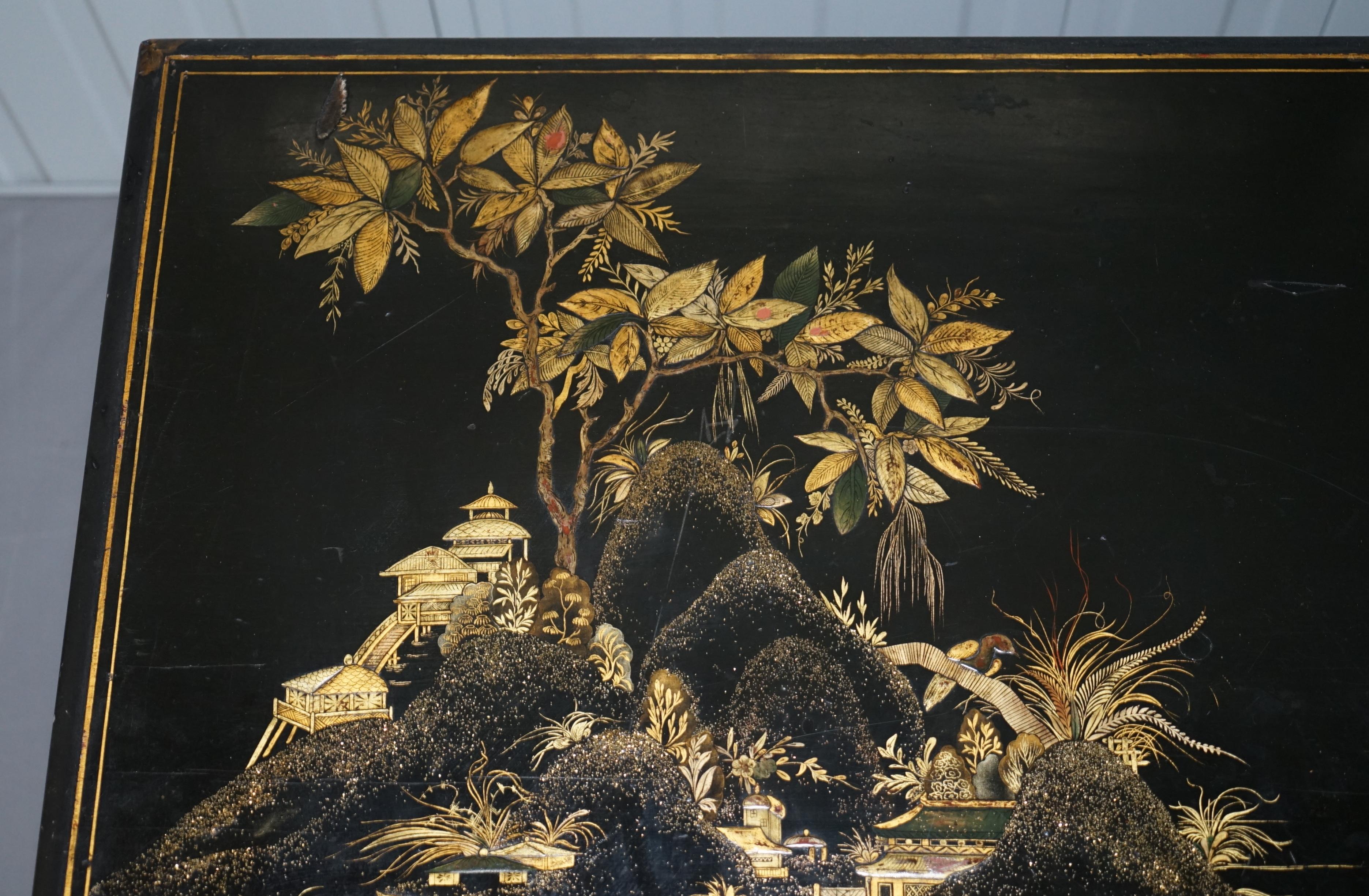 Mid-19th Century Rare Victorian Chinoiserie Japanned Black Laqured Twin Pedestal Partner Desk