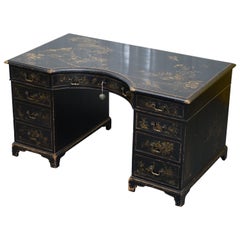 Antique Rare Victorian Chinoiserie Japanned Black Laqured Twin Pedestal Partner Desk