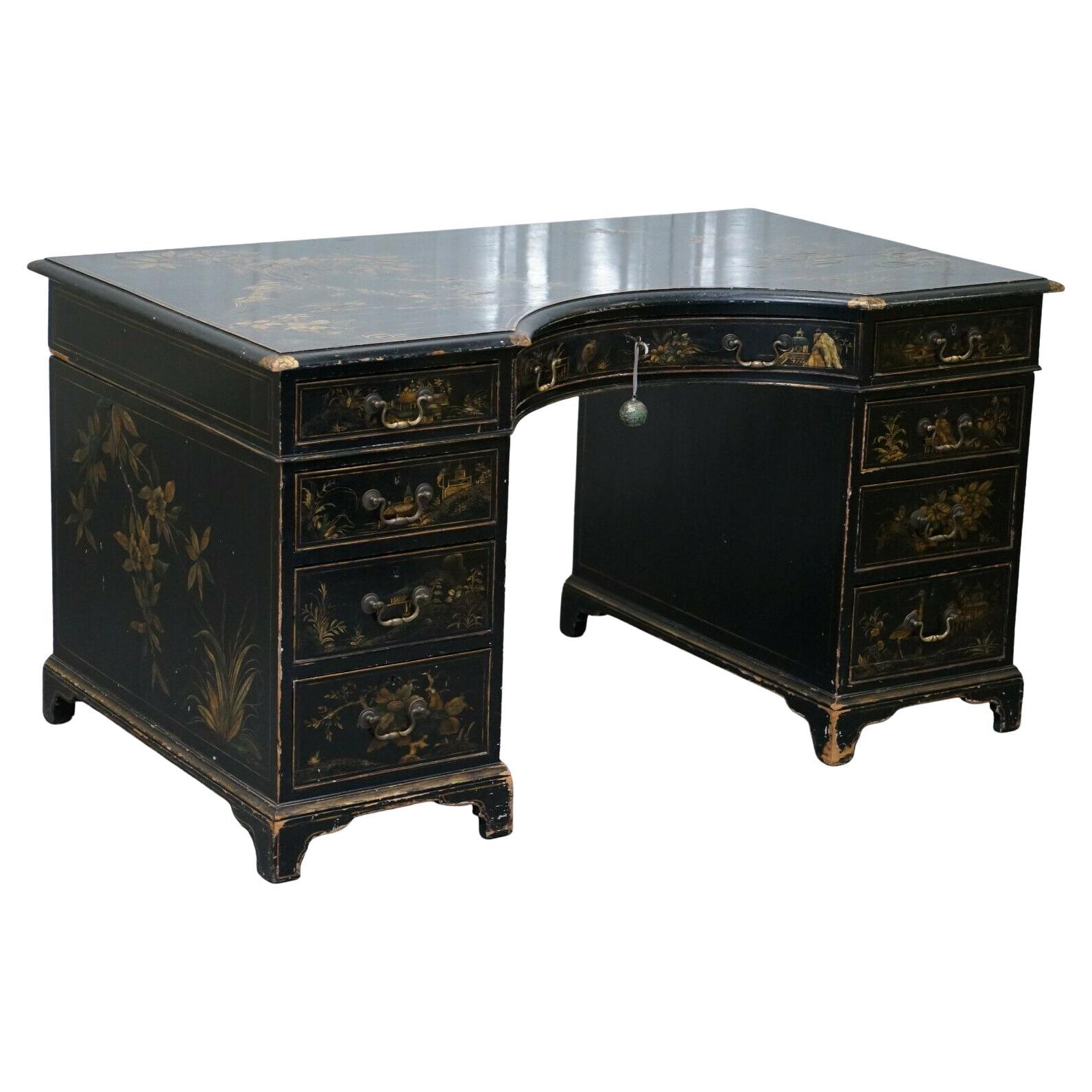 Rare Victorian Chinoiserie Japanned Black Laqured Twin Pedestal Partner Desk