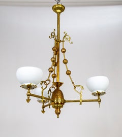 Rare Victorian Copper & Brass Chandelier w/ Glass Shades & Snake Decorations