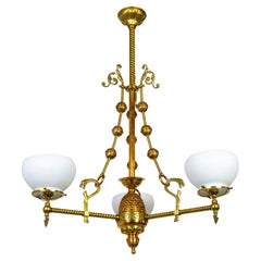 Rare Victorian Copper & Brass Chandelier w/ Glass Shades & Snake Decorations