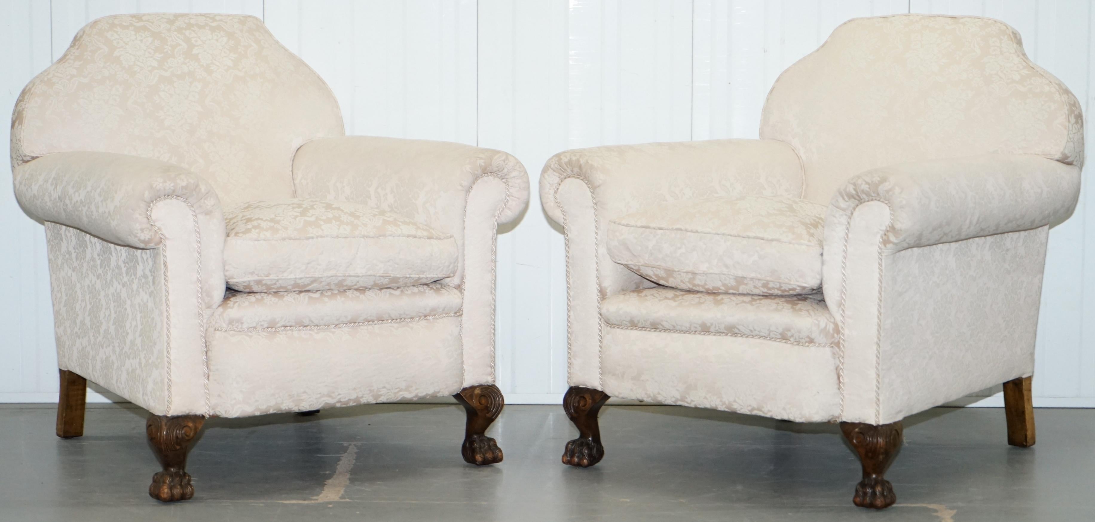 Rare Victorian Damask Upholstery Walnut Carved Lion Paw Feet Sofa Armchair Suite For Sale 7