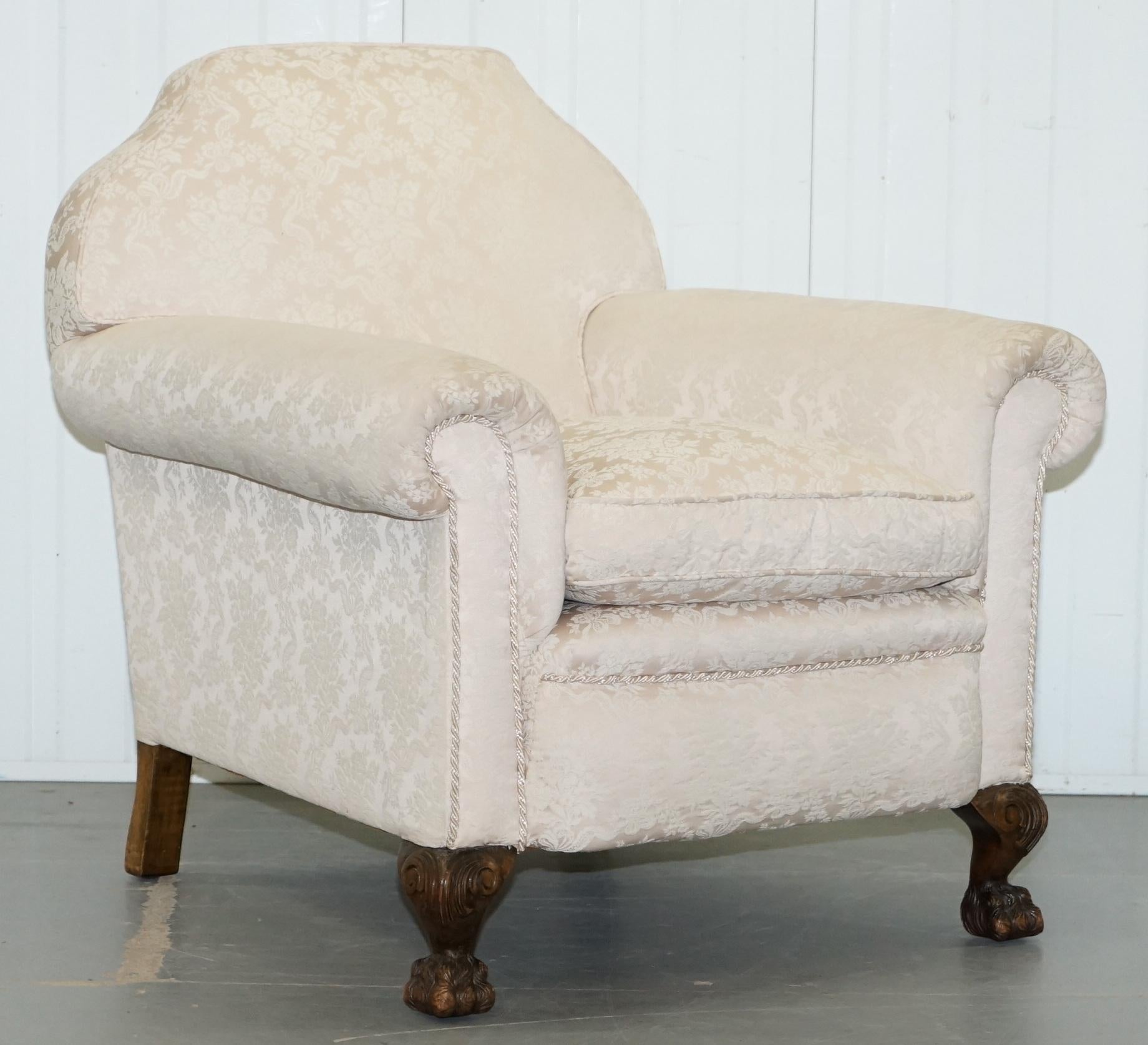 Rare Victorian Damask Upholstery Walnut Carved Lion Paw Feet Sofa Armchair Suite For Sale 8