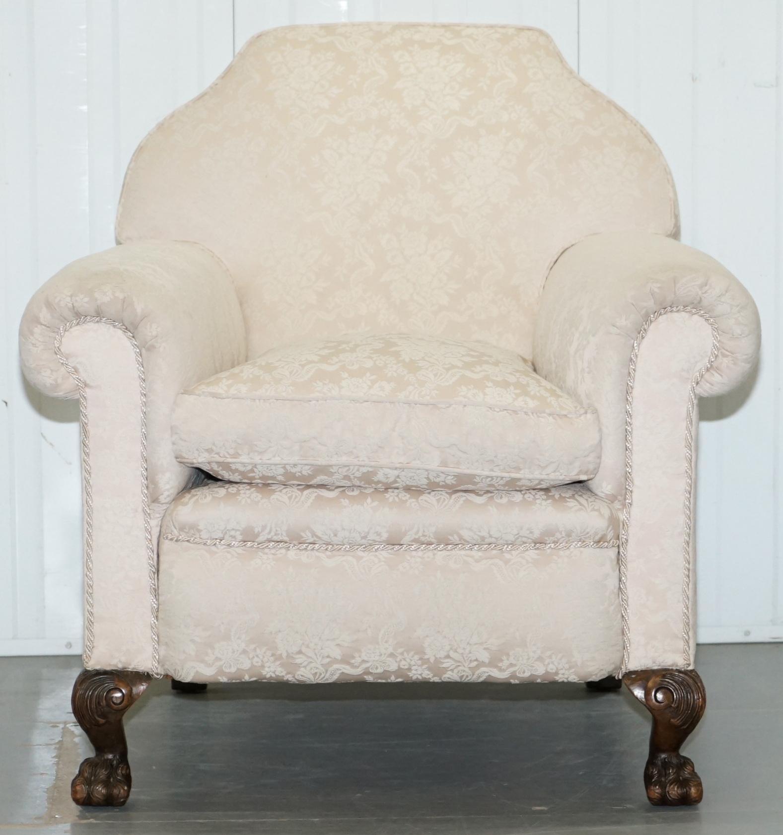 Rare Victorian Damask Upholstery Walnut Carved Lion Paw Feet Sofa Armchair Suite For Sale 9