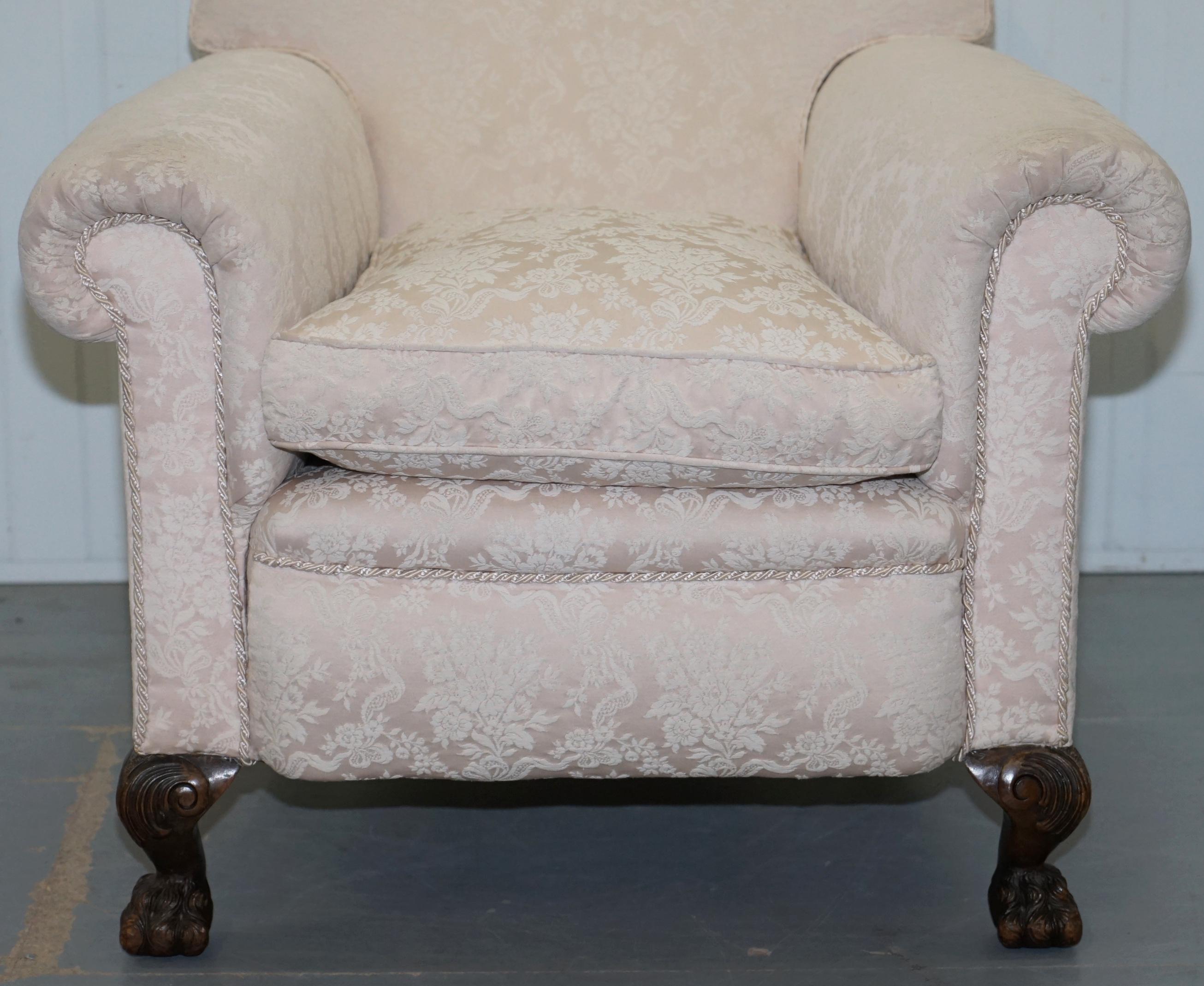 Rare Victorian Damask Upholstery Walnut Carved Lion Paw Feet Sofa Armchair Suite For Sale 11