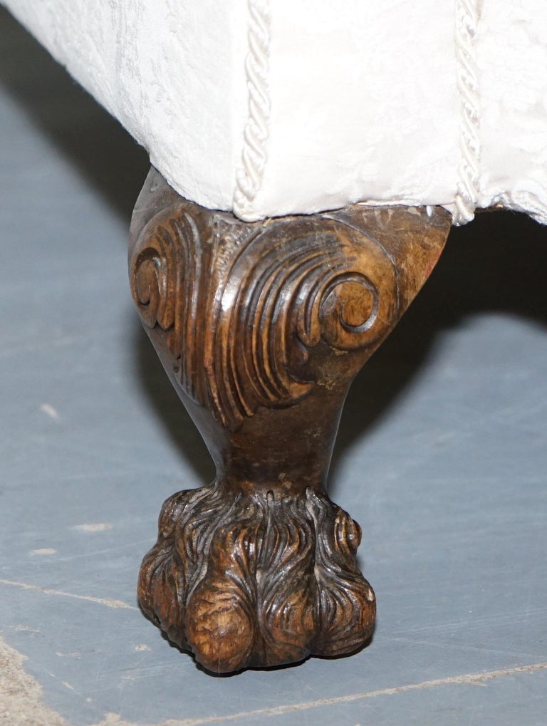 Rare Victorian Damask Upholstery Walnut Carved Lion Paw Feet Sofa