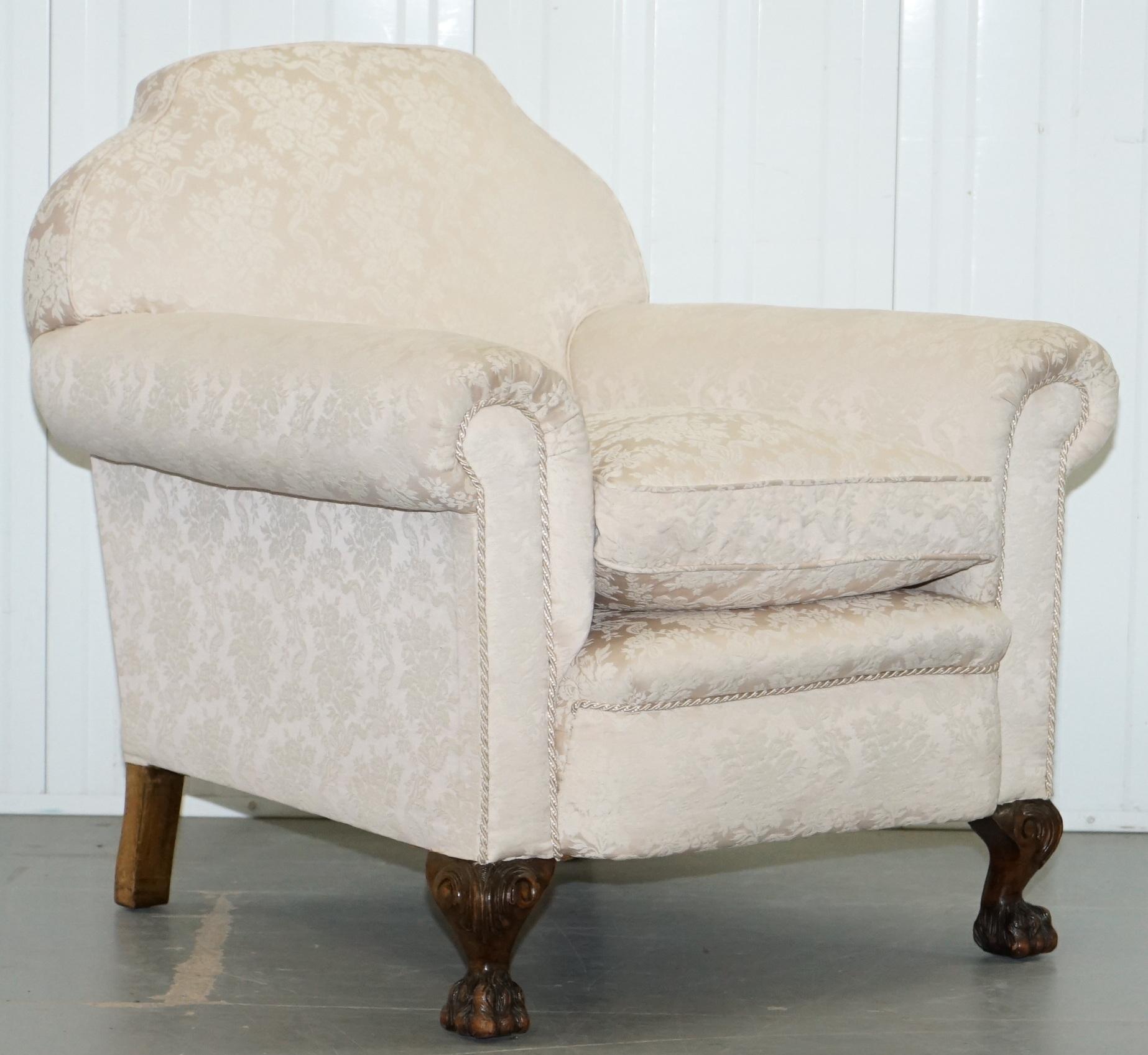 Rare Victorian Damask Upholstery Walnut Carved Lion Paw Feet Sofa Armchair Suite For Sale 12